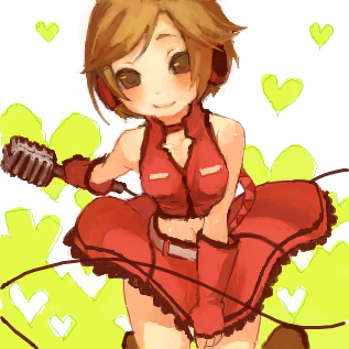 1girl bare_shoulders blush brown_eyes brown_hair cowboy_shot crop_top cropped_vest fingerless_gloves frilled_skirt frills gloves green_background headphones heart heart_background holding holding_microphone looking_at_viewer lowres meiko_(vocaloid) microphone mmlu_(honwa_karesu) navel red_gloves red_skirt red_vest sakine_meiko short_hair shure_55sh skirt skirt_tug smile solo vest vintage_microphone vocaloid white_background