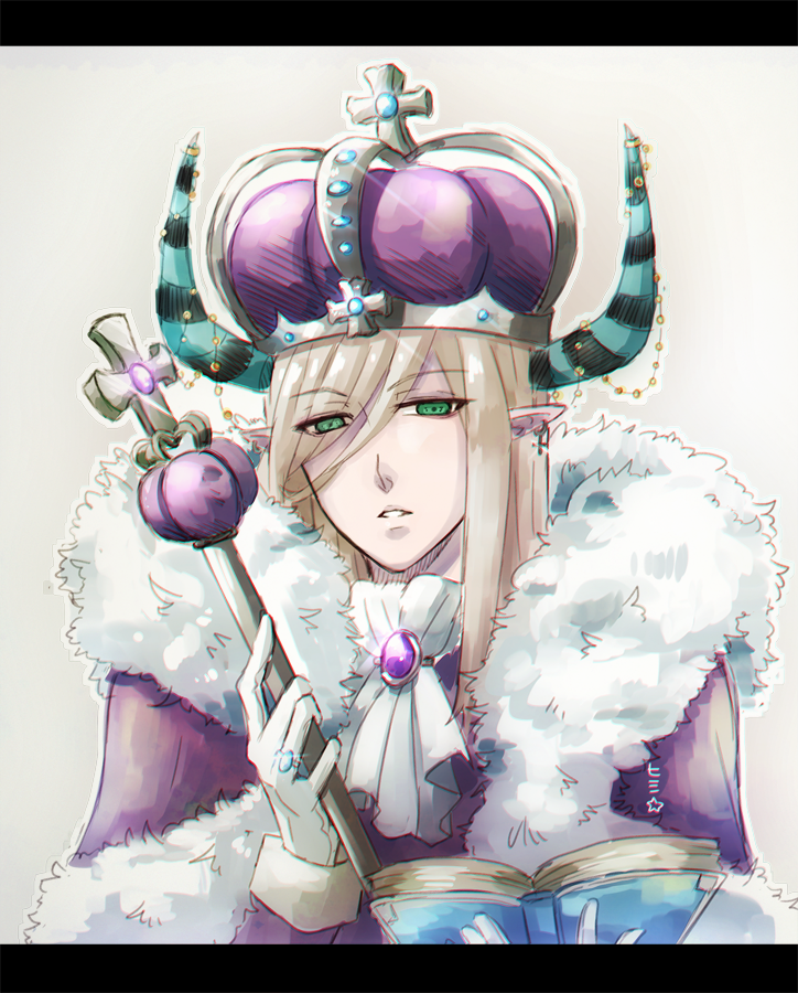 1boy ascot beelzebub_(ragnarok_online) blonde_hair blue_horns cape commentary cross cross_earrings crown earrings english_commentary expressionless eyes_visible_through_hair fur_cape green_eyes hair_between_eyes himitsu_(dark_nao) holding holding_scepter horns jewelry letterboxed long_bangs long_hair looking_at_viewer male_focus parted_lips pointy_ears purple_brooch purple_cape purple_crown ragnarok_online scepter solo striped_horns upper_body white_ascot