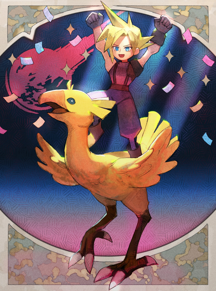 1boy belt bird black_gloves blonde_hair blue_eyes blue_pants blue_shirt celebration chocobo clenched_hands cloud_strife confetti feathers final_fantasy final_fantasy_vii gloves hands_up male_focus meteor open_mouth pants parted_bangs riding riding_bird sasumata_jirou shirt short_hair single_shoulder_pad smile sparkle spiked_hair suspenders talons yellow_feathers