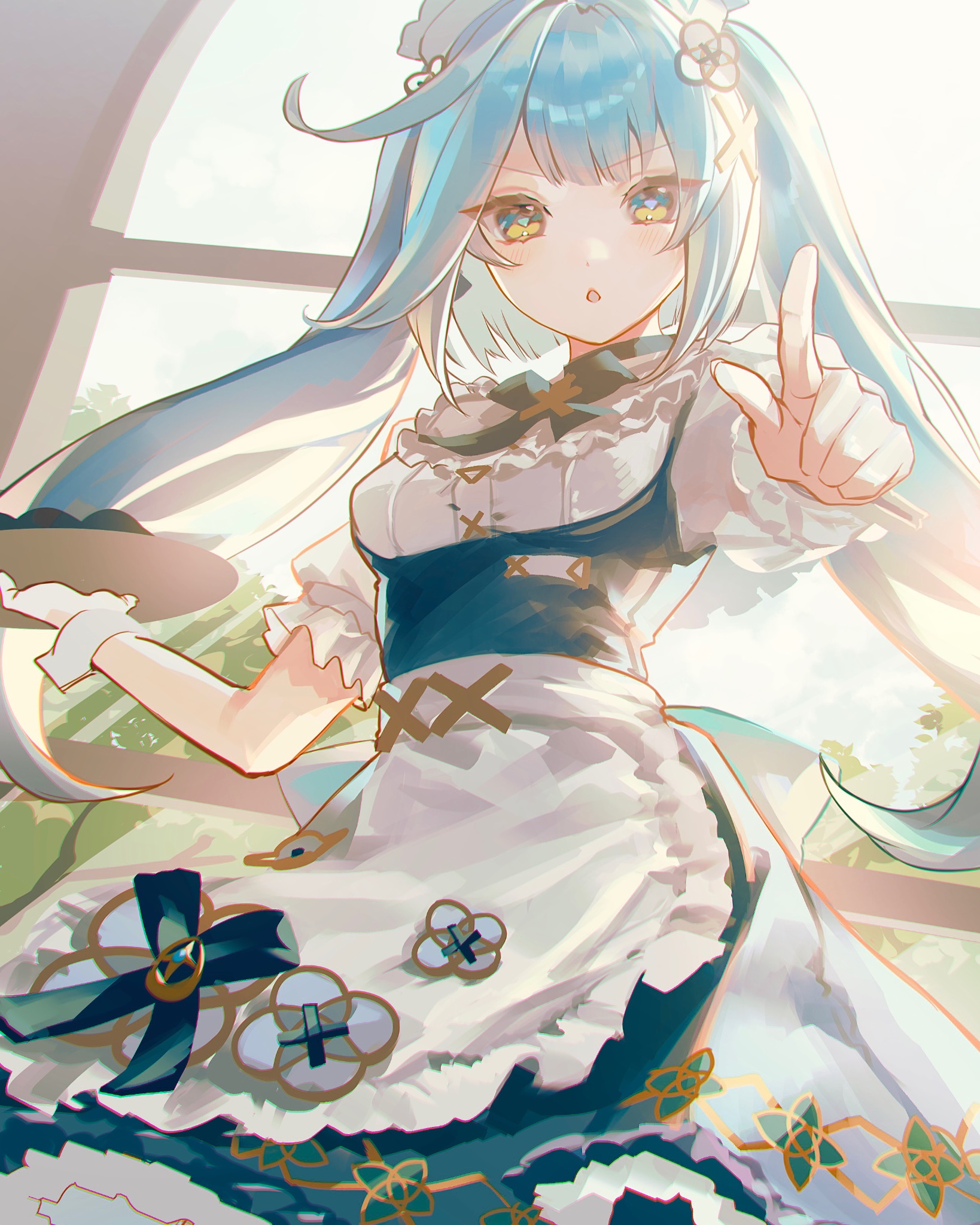 1girl :o apron aqua_hair blue_dress blush commentary_request cowlick day dress faruzan_(genshin_cafe_in_seoul)_(genshin_impact) faruzan_(genshin_impact) frilled_apron frills genshin_impact green_eyes hand_up highres holding holding_tray indoors long_hair looking_at_viewer maid_apron maid_headdress official_alternate_costume outstretched_arm pointing pointing_at_viewer puffy_short_sleeves puffy_sleeves sainome_(imveryfinethx) short_sleeves solo symbol-shaped_pupils tray triangle-shaped_pupils twintails upper_body very_long_hair waist_apron white_apron white_sleeve_cuffs