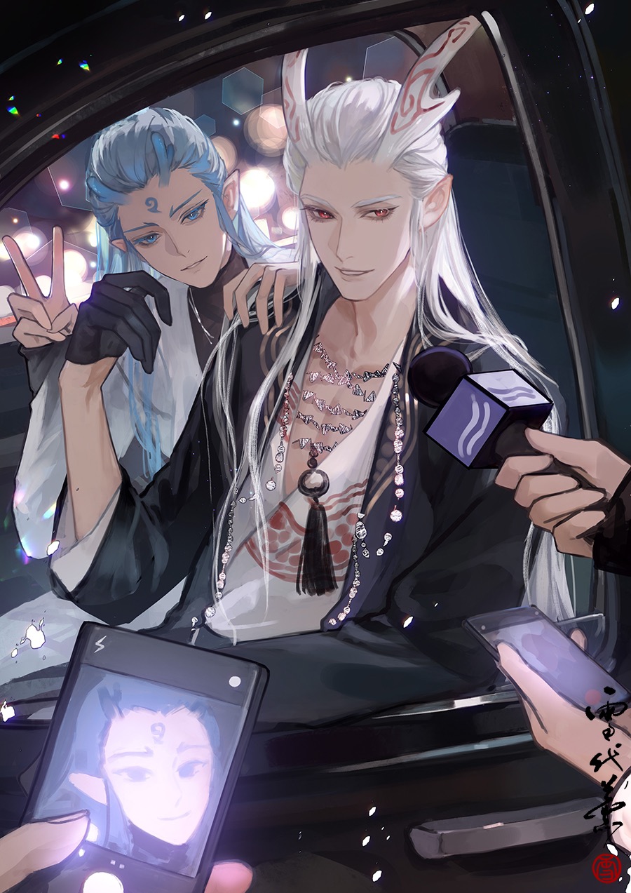 2boys alternate_costume ao_bing_(nezha_zhi_motong_jiangshi) ao_guang_(nezha_zhi_motong_jiangshi) black_gloves black_jacket black_shirt blue_eyes blue_hair blue_horns car car_interior car_seat cellphone cellphone_photo chinese_commentary coat collarbone contemporary dragon_boy dragon_horns eastern_dragon_horns facial_mark father_and_son fold-over_collar forehead_mark gloves hair_slicked_back half_gloves hand_on_another&#039;s_shoulder hand_up highres holding holding_microphone holding_phone horns interview jacket long_hair long_sleeves looking_at_viewer looking_to_the_side male_focus microphone motor_vehicle multiple_boys multiple_necklaces neck_tassel nezha_zhi_motong_jiangshi non-circular_lens_flare open_clothes open_jacket paparazzi parted_lips people phone pointy_ears print_shirt red_eyes shirt sidelocks sitting sleeves_past_wrists smartphone smile tassel three-quarter_sleeves turtleneck upper_body v white_coat white_hair white_shirt xuedaixun