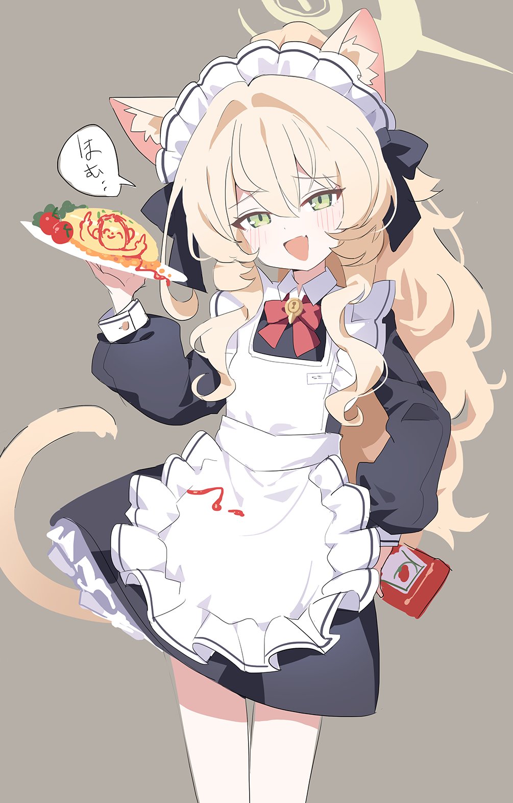 1girl alternate_costume animal_ear_fluff animal_ears apron black_dress black_ribbon blonde_hair blue_archive blush bottle bow cat_ears cat_girl cat_tail doodle_sensei_(blue_archive) dress fang fluffy_hair food food_on_clothes green_eyes hair_between_eyes hair_ribbon hairband hand_on_own_hip highres holding holding_bottle holding_tray ketchup ketchup_bottle long_hair looking_at_viewer maid maid_apron maid_headdress nokonoko_987 omelet omurice open_mouth professor_niyaniya_(blue_archive) red_bow ribbon sensei_(blue_archive) sidelocks skin_fang tail tomato tray triangle_mouth white_apron white_hairband