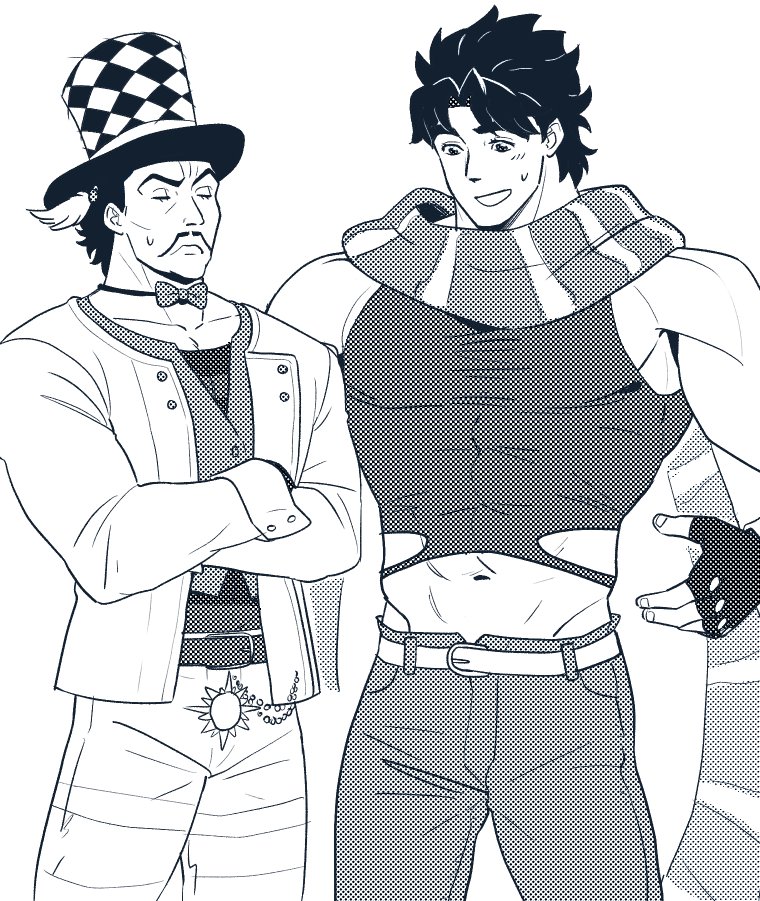 2boys abs bow bowtie caesar_anthonio_zeppeli caesar_anthonio_zeppeli_(cosplay) cosplay costume_switch crop_top crossed_arms facial_hair feather_hair_ornament feathers fingerless_gloves gloves hair_ornament hakmonss hat jojo_no_kimyou_na_bouken jonathan_joestar joseph_joestar joseph_joestar_(young) joseph_joestar_(young)_(cosplay) male_focus midriff monochrome multiple_boys mustache pants phantom_blood scarf striped_clothes striped_pants striped_scarf sweatdrop top_hat will_anthonio_zeppeli
