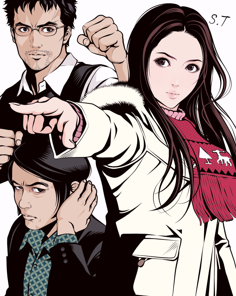 1girl 2boys black_eyes black_hair black_jacket black_sweater_vest brown_eyes brown_hair closed_mouth coat commentary_request eyelashes facial_hair fighting_stance glasses goatee_stubble jacket limited_palette long_hair looking_at_viewer looking_to_the_side multiple_boys pink_lips pointing red_scarf scarf short_hair signature spot_color stubble sweater_vest takanashi_shin trick_(tv_series) turtleneck ueda_jirou upper_body white_coat yabe_kenzo yamada_naoko_(trick)