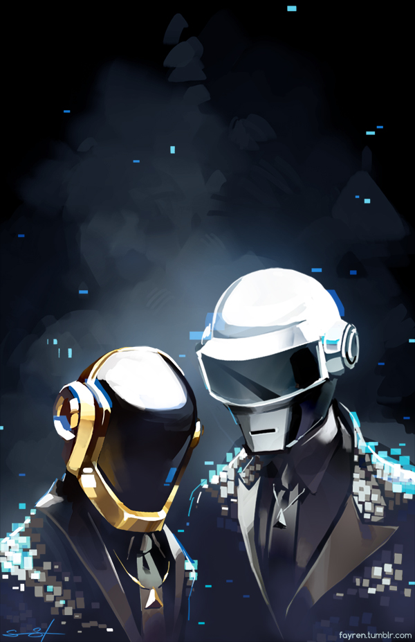2boys black_shirt collared_shirt commentary daft_punk english_commentary formal_clothes grey_neckwear guy-manuel_de_homem-christo helmet jewelry looking_down male_focus multiple_boys necklace necktie real_life sarah_stone shirt suit thomas_bangalter upper_body visor watermark web_address