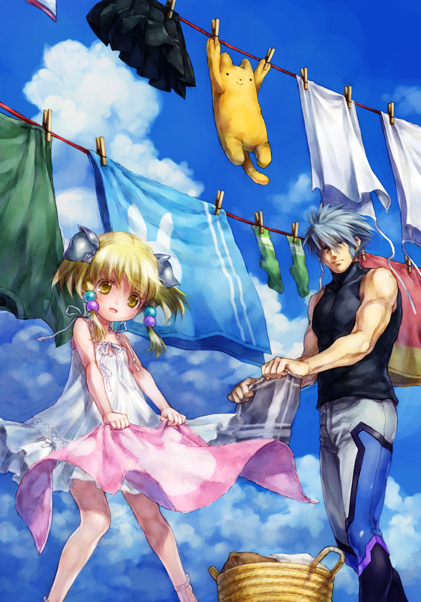 1boy 1girl banpresto black_shirt blouse child cloud day dress green_shirt highres irui_guneden laundry nakamura_kanko outdoors sanger_zonvolt shirt short_hair short_twintails silver_hair sky sleeveless sleeveless_shirt slice_of_life socks stuffed_toy super_robot_wars twintails yellow_eyes