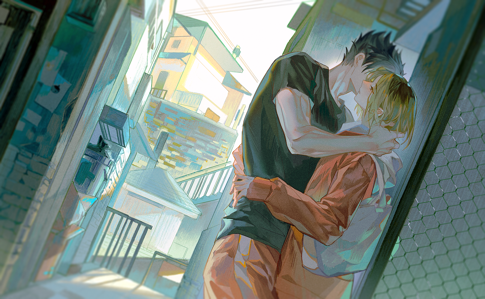 2boys bag black_hair black_shirt blonde_hair dutch_angle haikyuu!! highres hug jacket kozume_kenma kuroo_tetsurou long_sleeves looking_at_another male_focus multicolored_hair multiple_boys orange_pants outdoors pants shirt short_hair short_sleeves standing t-shirt two-tone_hair yaoi yinzinmiemie