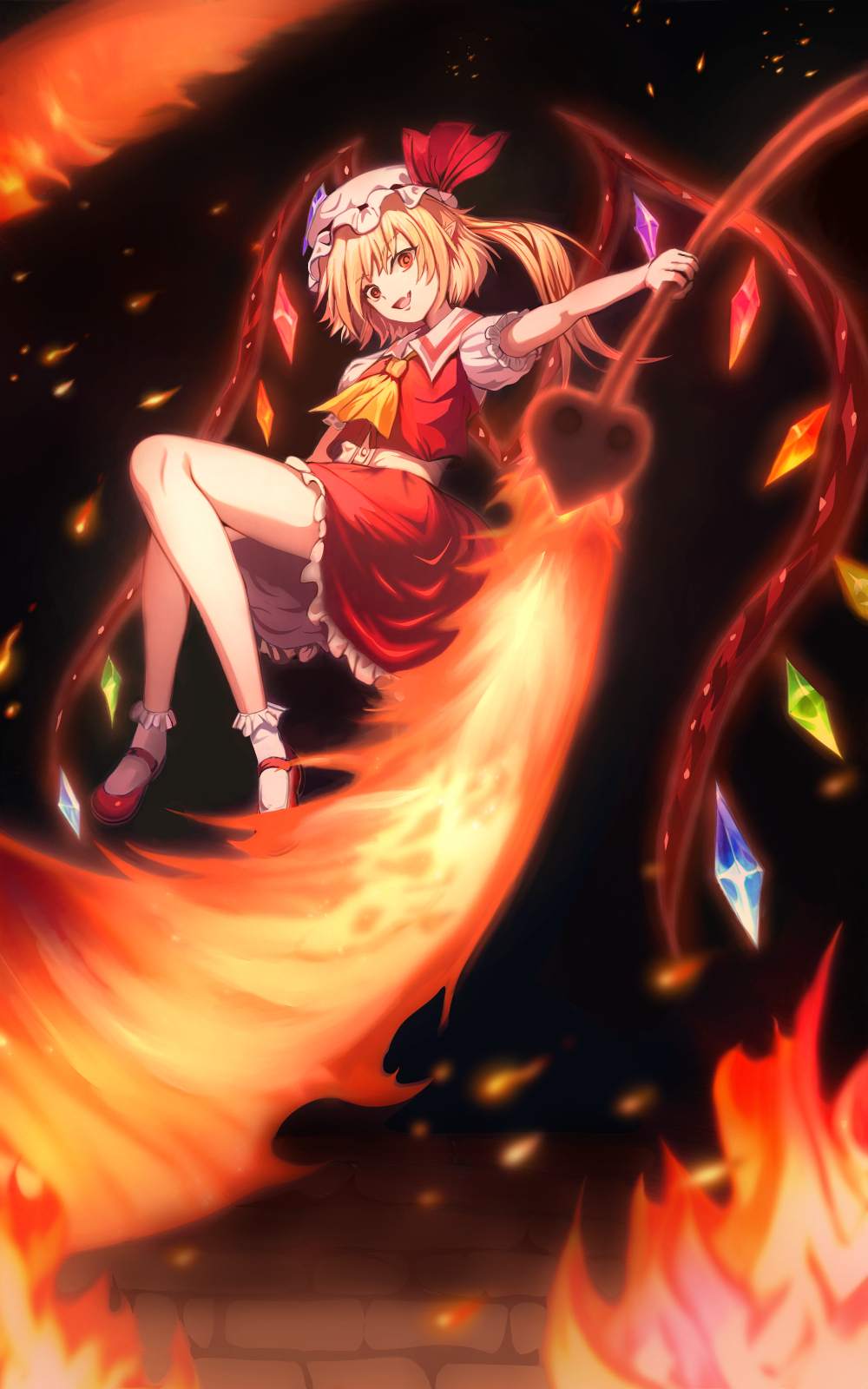 1girl ascot blonde_hair bobby_socks collared_shirt commentary_request crystal fire flandre_scarlet hat hat_ribbon highres holding holding_weapon laevatein_(touhou) looking_at_viewer mary_janes merihari07 mob_cap multicolored_wings one_side_up open_mouth puffy_short_sleeves puffy_sleeves red_eyes red_shoes red_skirt red_vest ribbon shirt shoes short_hair_with_long_locks short_sleeves side_ponytail skirt skirt_set smile socks solo touhou vest weapon white_hat white_shirt white_socks wings yellow_ascot