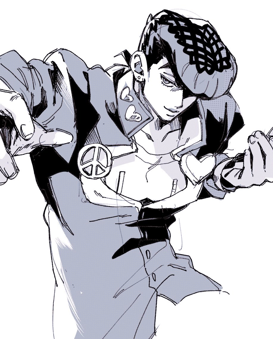 1boy arms_up closed_mouth cocoyy collarbone collared_jacket commentary_request cropped_legs diamond_wa_kudakenai earrings fingernails gakuran hair_over_one_eye heart higashikata_josuke jacket jewelry jojo_no_kimyou_na_bouken long_sleeves male_focus one_eye_covered peace_symbol piercing pompadour popped_collar school_uniform simple_background smile solo stud_earrings white_background