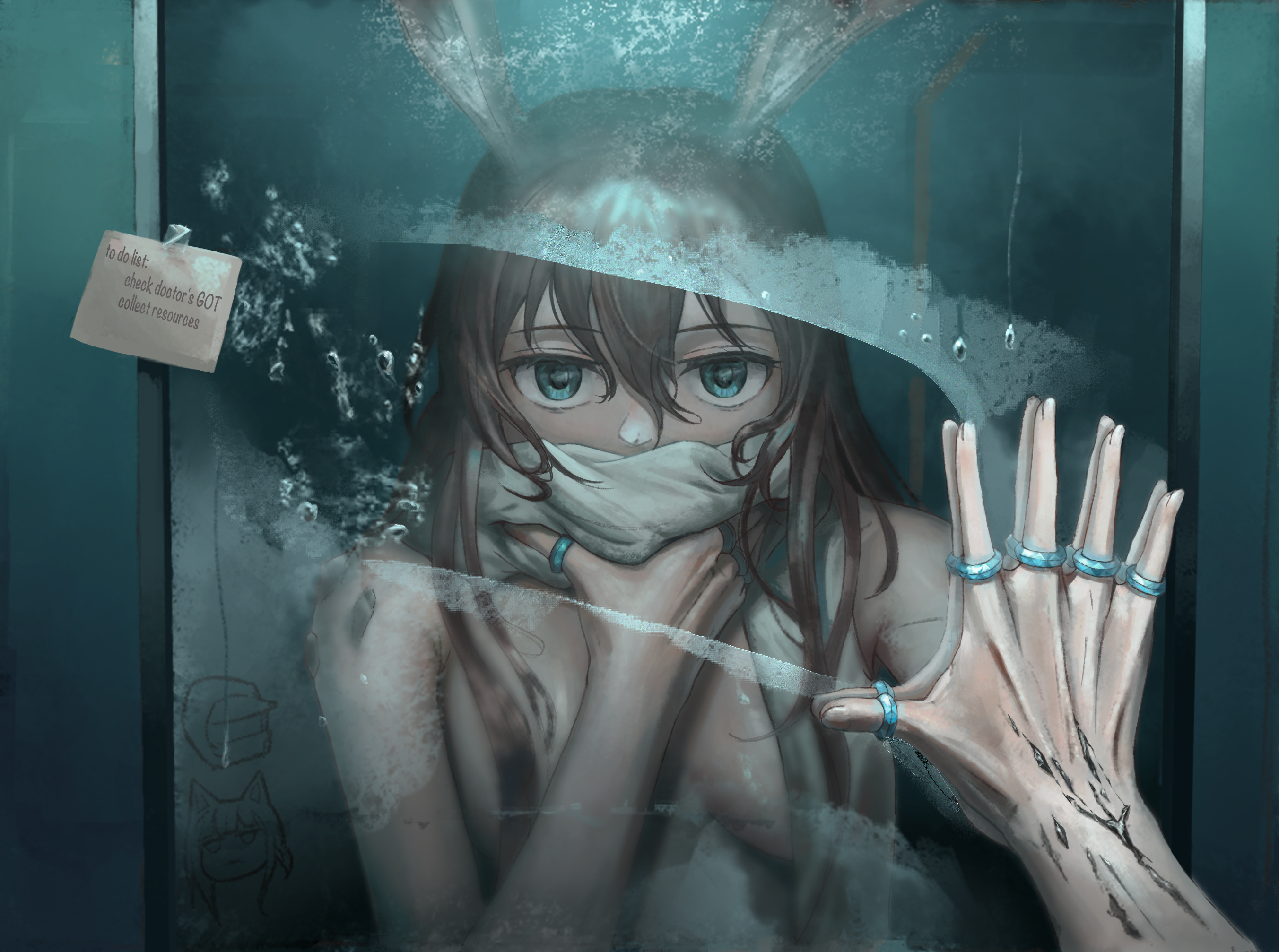 1girl after_bathing amiya_(arknights) animal_ears arknights blue_eyes breasts brown_hair english_text highres jewelry large_breasts long_hair looking_at_mirror mirror reflection ring solo twckb wet wiping