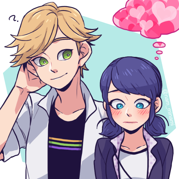 1boy 1girl ? adrien_agreste arm_behind_head black_hair blonde_hair blue_eyes blush bright_pupils casual dramatica green_eyes heart looking_down marinette_dupain-cheng miraculous_ladybug popped_collar short_twintails simple_background speech_bubble thought_bubble twintails white_background