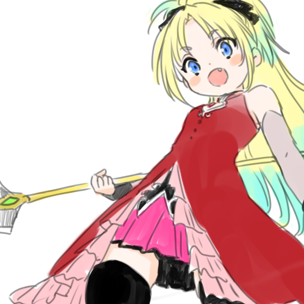 1girl :d bare_shoulders black_thighhighs blonde_hair blue_eyes blue_hair blush blush_stickers breasts commentary_request cosplay cowboy_shot dress fang frilled_dress frills gradient_hair holding holding_weapon link!_like!_love_live! long_hair looking_at_viewer love_live! mahou_shoujo_madoka_magica miniskirt multicolored_hair open_mouth osawa_rurino parted_bangs pink_skirt pleated_skirt ponytail red_dress sakura_kyoko sakura_kyoko_(cosplay) sakura_kyoko_(magical_girl) shinanoya_(satanicad) simple_background skirt sleeveless sleeveless_dress small_breasts smile solo thighhighs virtual_youtuber weapon white_background zettai_ryouiki