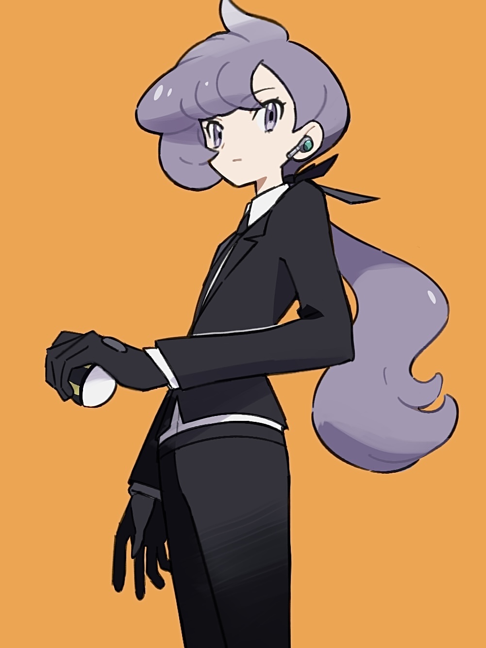 1girl anabel_(pokemon) black_gloves black_jacket black_pants closed_mouth commentary_request earpiece from_side gloves highres holding holding_poke_ball jacket long_hair looking_at_viewer nintendo orange_background pants poke_ball pokemon pokemon_sm ponytail purple_eyes purple_hair rii_(mrhc7482) shirt solo ultra_ball white_shirt