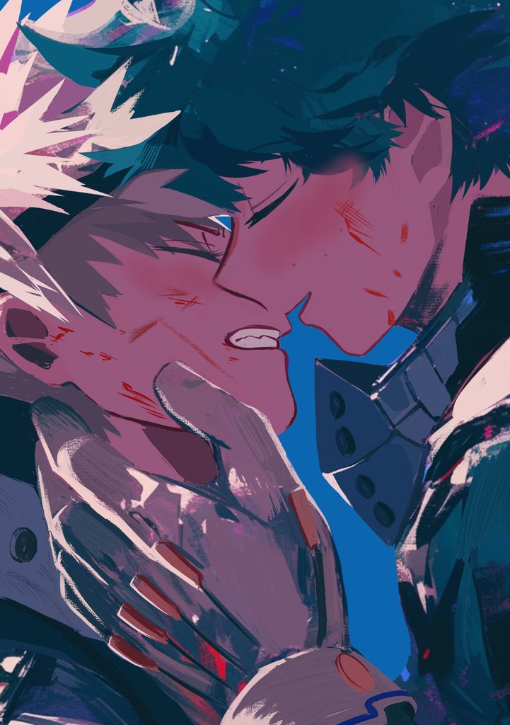 2boys arm_up bakugou_katsuki blonde_hair blood blood_on_face blue_background blush boku_no_hero_academia closed_eyes commentary_request gloves green_hair grin hand_on_another&#039;s_face koyano male_focus mask_up midoriya_izuku multiple_boys open_mouth profile short_hair simple_background smile superhero_costume teeth upper_body yaoi