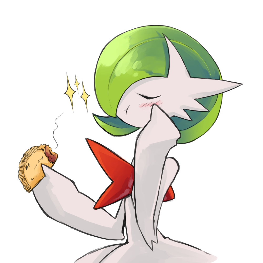 blush bob_cut closed_eyes dmt_(auburn) eating empanada food food_in_mouth gardevoir gen_3_pokemon green_hair hand_on_own_cheek hand_on_own_face holding holding_food mega_gardevoir mega_pokemon nintendo pokemon pokemon_(creature) simple_background sparkle white_background