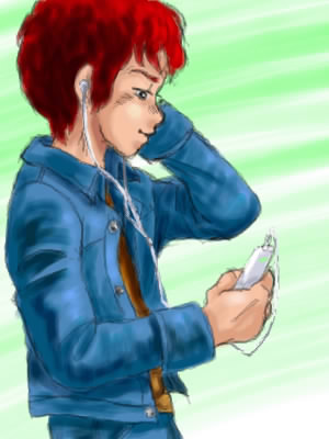 1boy amuro_ray blue_jacket cable commentary_request digital_media_player gundam hand_on_own_head headphones ipod ipod_shuffle jacket listening_to_music lowres mobile_suit_gundam oekaki red_hair secretive upper_body