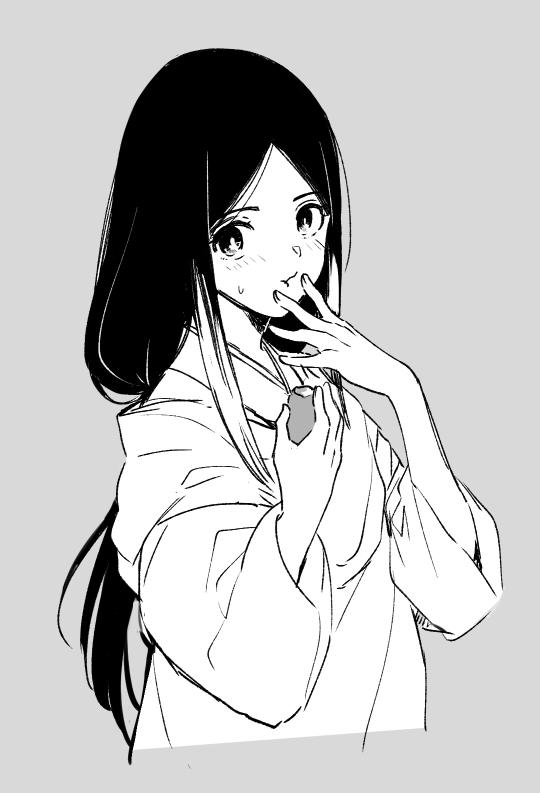 1girl black_hair blush divine_child_of_rejuvenation food japanese_clothes kimono layered_clothes layered_kimono looking_at_viewer mayumi_(tsunkatsu) monochrome parted_bangs sekiro:_shadows_die_twice simple_background solo