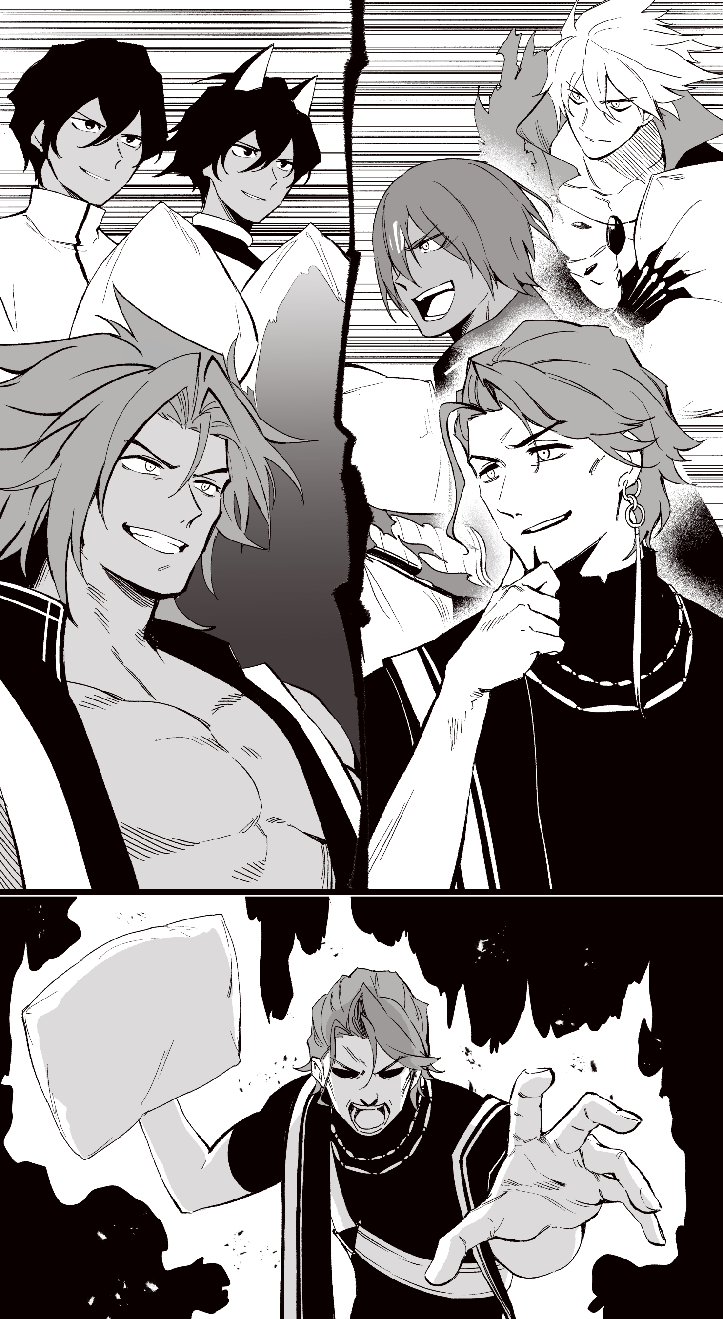 6+boys absurdres arjuna_(fate) arjuna_alter_(fate) ashwatthama_(fate) aura bhima_(fate) commentary dark-skinned_male dark_skin duryodhana_(fate) fate/apocrypha fate/grand_order fate_(series) fighting_stance highres hirunagi holding holding_pillow karna_(fate) motion_lines multiple_boys open_mouth pillow shaded_face speed_lines