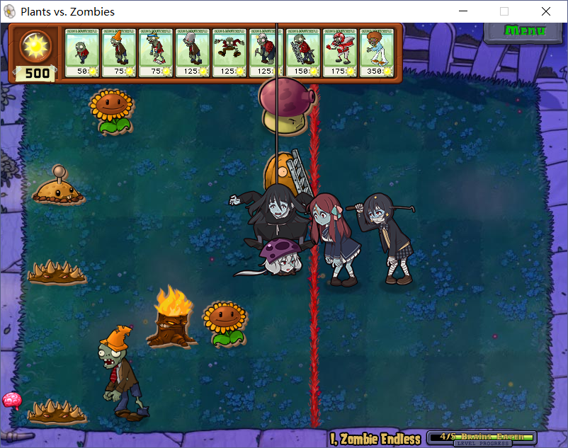 1boy 4girls afro ambiguous_red_liquid american_football_helmet bald bandaged_leg bandages bare_arms black_eyes blonde_hair blue_headband blue_overalls blue_pants blue_shirt blue_skirt brain brown_jacket brown_shoes bucket bucket_on_head buckethead_zombie_(plants_vs._zombies) buernia bungee_jumping bungee_zombie_(plants_vs._zombies) burning cardboard_cutout claw_hammer clenched_teeth collared_shirt colored_skin commentary_request conehead_zombie_(plants_vs._zombies) copyright_name cosplay crossover damaged dancing_zombie_(plants_vs._zombies) denim digger_zombie_(plants_vs._zombies) english_text explosive facial_hair fake_screenshot fat fence fire flower football_zombie_(plants_vs._zombies) full_body fume-shroom_(plants_vs._zombies) game_screenshot_background gameplay_mechanics garden grass green_skin hammer hard_hat headband helmet holding holding_hammer holding_ladder holding_pickaxe hose imp_(plants_vs._zombies) jacket jeans konno_junko ladder ladder_zombie_(plants_vs._zombies) lawn leaf long_hair looking_at_viewer microsoft_windows minamoto_sakura mine_(weapon) mining_helmet mizuno_ai multiple_girls mushroom mustache necktie night object_on_head open_clothes open_jacket open_mouth orange_flower orange_hair outdoors over_shoulder overalls pants parody pencil pencil_behind_ear pickaxe plaid_clothes plaid_shirt plaid_skirt plant plants_vs._zombies pleated_skirt potato potato_mine_(plants_vs._zombies) progress_bar puff-shroom_(plants_vs._zombies) red_headwear red_necktie red_shirt red_shorts rope scaredy-shroom_(plants_vs._zombies) screenshot_background shirt shoes short_sleeves shorts sidewalk skirt skull_and_crossbones sleeveless sleeveless_shirt smile socks spikes spikeweed_(plants_vs._zombies) sportswear standing suit_jacket sun_symbol sunflower sunflower_(plants_vs._zombies) teeth torchwood_(plants_vs._zombies) torn_clothes torn_pants traffic_cone traffic_cone_on_head tree_stump walking wall-nut_(plants_vs._zombies) walnut white_pants white_shirt white_socks window_(computing) windows_10 wooden_fence yamada_tae yellow_eyes zombie zombie_land_saga