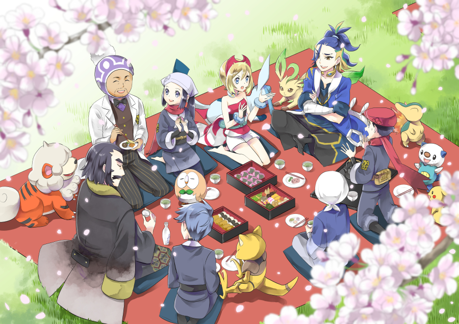3girls 5boys abra adaman_(pokemon) akari_(pokemon) bandana barefoot beanie beni_(pokemon) black_hair blonde_hair blue_coat blue_hair bow bowtie brown_vest buttons coat commentary_request crossed_arms cup cyllene_(pokemon) cyndaquil day facial_hair gen_1_pokemon gen_2_pokemon gen_4_pokemon gen_5_pokemon gen_7_pokemon glaceon grass grey_hair grey_jacket grey_pants grey_skirt hairband hat headscarf hisuian_growlithe holding irida_(pokemon) jacket kamado_(pokemon) professor_laventon leafeon morisawa_machi multiple_boys multiple_girls mustache nintendo oshawott outdoors pants picnic pikachu plate pokemon pokemon_(creature) pokemon_legends:_arceus ponytail purple_headwear red_hairband red_headwear red_scarf rei_(pokemon) rowlet sash scarf shirt short_hair shorts sitting skirt strapless strapless_shirt vest white_bandana white_coat white_headscarf white_shorts