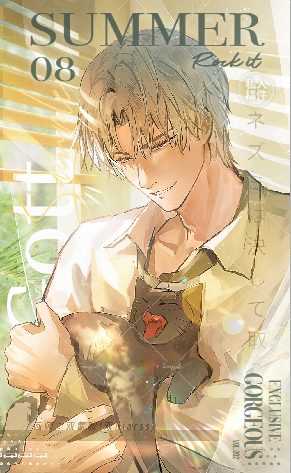 1boy animal black_cat cat charlie_su chinese_commentary collarbone collared_shirt commission day english_text grey_hair highres holding holding_animal holding_cat lens_flare light_and_night_love long_sleeves looking_at_animal looking_down male_focus necktie niarss parted_bangs parted_lips purple_eyes sample_watermark shirt short_hair smile solo sunlight upper_body watermark white_shirt window window_blinds yellow_necktie