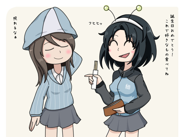 2girls aqclk black_hair blue_sweater blush brown_hair chopsticks closed_eyes closed_mouth collared_shirt fake_antennae girls_und_panzer girls_und_panzer_phase_erika grey_skirt hairband holding holding_chopsticks holding_wallet keizoku_military_uniform keizoku_school_uniform long_hair mika_(girls_und_panzer) miniskirt multiple_girls open_mouth school_uniform shirt short_hair skirt striped_hat sweater touko_(girls_und_panzer) translation_request vertical-striped_sweater wallet white_hairband white_shirt