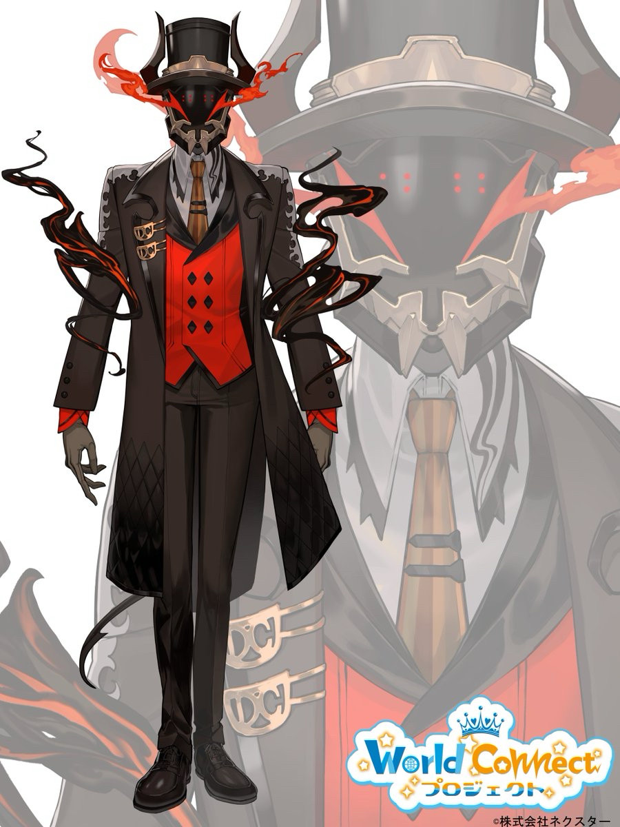 1boy arms_at_sides black_fire black_hat black_mask brown_coat brown_footwear brown_gloves brown_necktie brown_pants buttons coat collared_shirt commentary_request copyright_name demon demon_tail dot-matrix dress_shoes fake_horns fire flame_print formal_clothes full_body gentleman gloves glowing glowing_eyes hat highres horned_headwear horns lack logo long_coat long_sleeves looking_at_viewer male_focus masuta_dexi necktie open_clothes open_coat open_hand pants plaid_clothes plaid_coat red_eyes red_vest shirt simple_background solo standing straight-on tachi-e tail tie_clip top_hat vest virtual_youtuber white_background white_shirt wing_collar world_connect zoom_layer