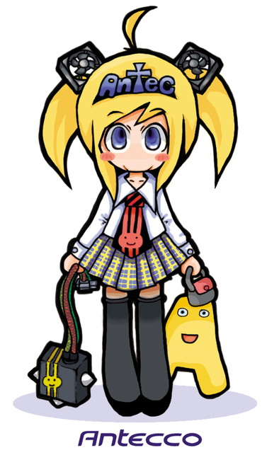 ahoge antec antecco blonde_hair blue_eyes computer_fan mascot necktie solo thighhighs twintails