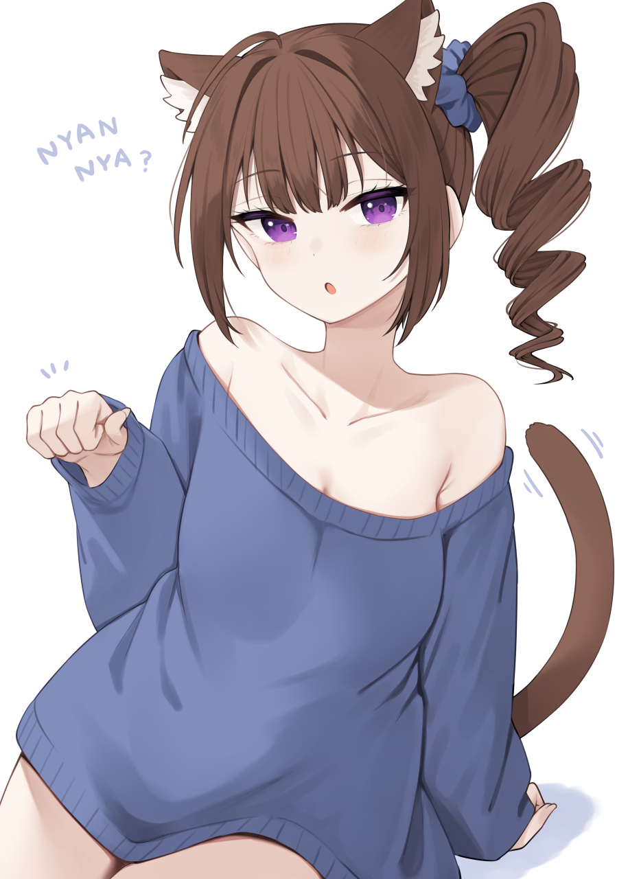 1girl ahoge animal_ear_fluff animal_ears armpit_crease bare_shoulders binsen blue_scrunchie blue_sweater blunt_bangs breasts brown_hair brown_tail cat_ears cat_tail cleavage collarbone cowboy_shot curtained_hair dot_nose dress drill_hair eyelashes hair_ornament hair_scrunchie highres idolmaster idolmaster_million_live! idolmaster_million_live!_theater_days invisible_chair light_blush looking_at_viewer motion_lines nyan off-shoulder_sweater off_shoulder open_mouth paw_pose purple_eyes scrunchie side_drill sitting sleeves_past_wrists solo sweater sweater_dress tail thighs yokoyama_nao
