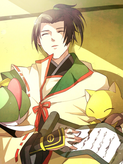 1boy abra bad_id bad_pixiv_id brown_hair character_request closed_eyes gen_1_pokemon gen_3_pokemon gloves mojya nintendo nobunaga_no_yabou pokemon pokemon_(creature) pokemon_conquest ponytail ralts scroll sleeping