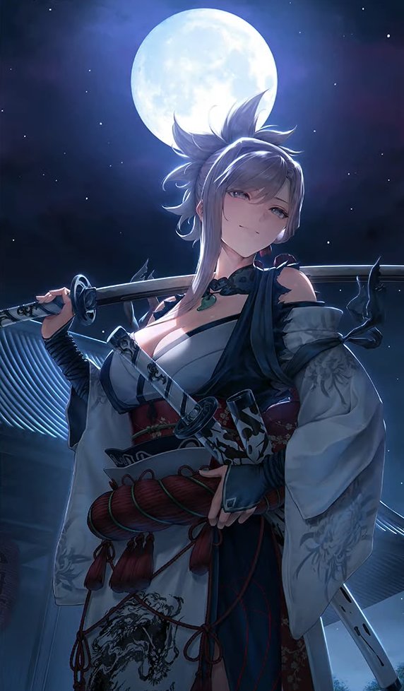 1girl chrysanthemum_print fate/samurai_remnant fate_(series) floral_print grey_kimono holding holding_sword holding_weapon japanese_clothes jewelry katana kimono magatama magatama_necklace miyamoto_musashi_(fate) miyamoto_musashi_(woman_of_niten_ichiryuu)_(fate) moon moonlight mugetsu2501 necklace night night_sky print_kimono sky sword weapon