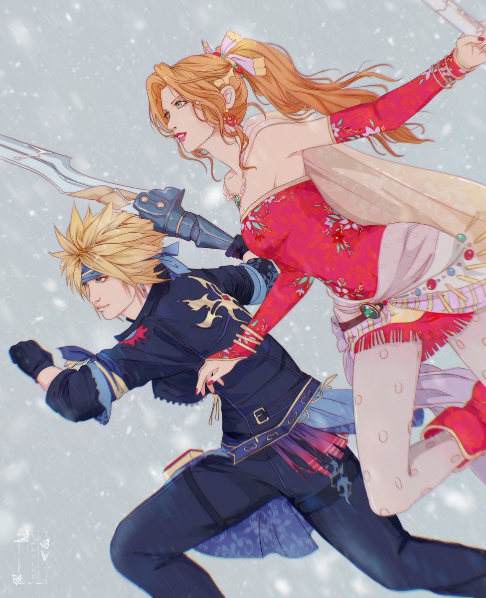 1boy 1girl aerith_gainsborough aerith_gainsborough_(terra&#039;s_garb) aqua_eyes bangle bare_shoulders black_gloves black_jacket black_pants blonde_hair blue_headband boots bracelet breasts cape cloud_strife cloud_strife_(locke&#039;s_outfit) cosplay dress earrings feet_out_of_frame fighting_stance final_fantasy final_fantasy_vi final_fantasy_vii final_fantasy_vii_ever_crisis floral_print gloves gold_trim green_eyes grey_background hair_bobbles hair_ornament hair_ribbon headband highres holding holding_sword holding_weapon jacket jewelry locke_cole locke_cole_(cosplay) long_hair medium_breasts nail_polish official_alternate_costume orange_hair pants pantyhose parted_bangs parted_lips ponytail print_dress print_pantyhose red_dress red_footwear red_lips red_nails red_sleeves ribbon sash shanlieart short_hair sidelocks sleeves_rolled_up snow spiked_hair strapless strapless_dress sword terra_branford_(cosplay) tina_branford tube_dress waist_sash wavy_hair weapon