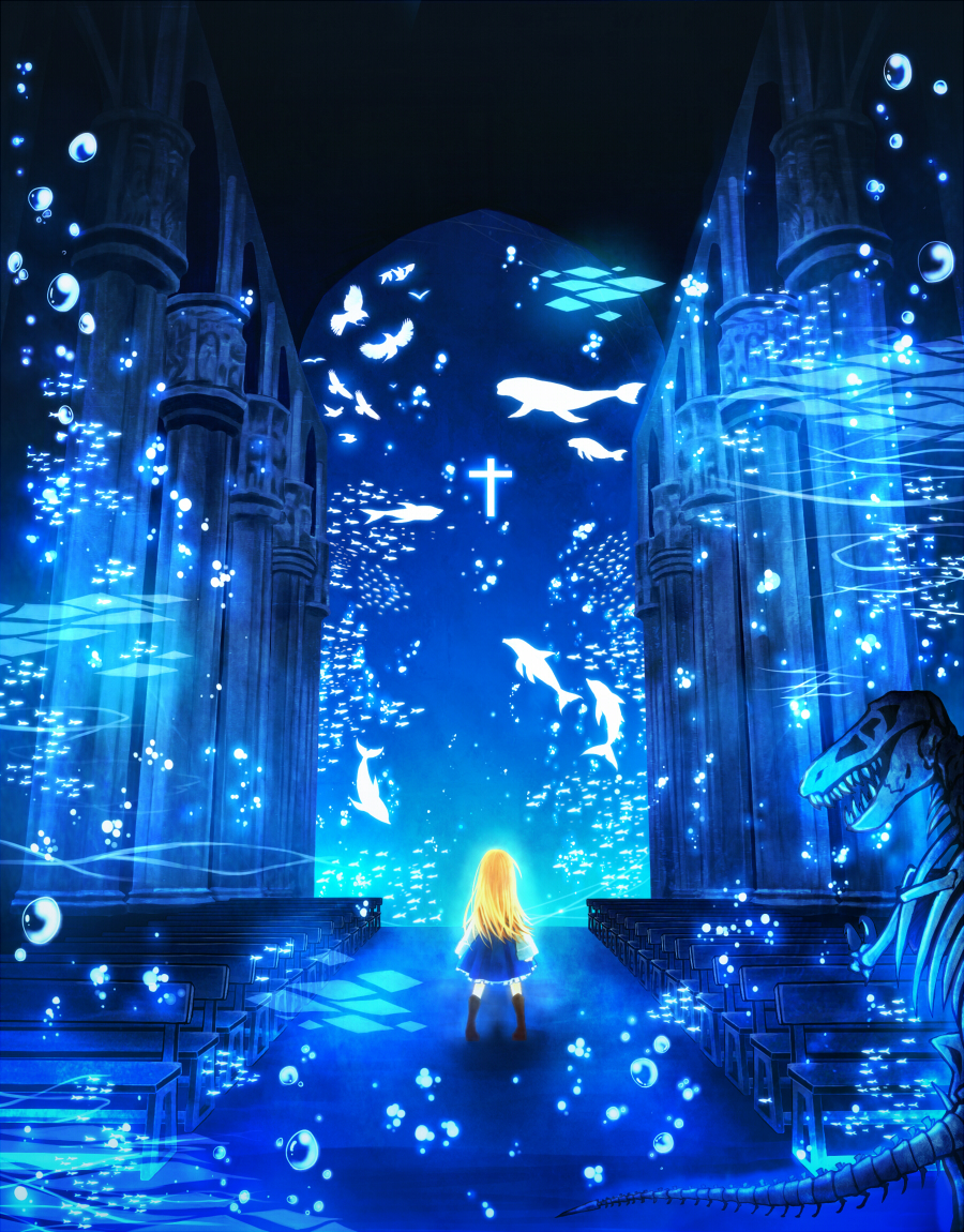 1girl alice_(alice_in_wonderland) alice_in_wonderland bad_id bad_pixiv_id bank bird blonde_hair blue_theme bubble church cross dannzairosuto dolfin dolphin fantasy female_focus fish original pillar pixiv_fantasia scenery skeleton solo underwater