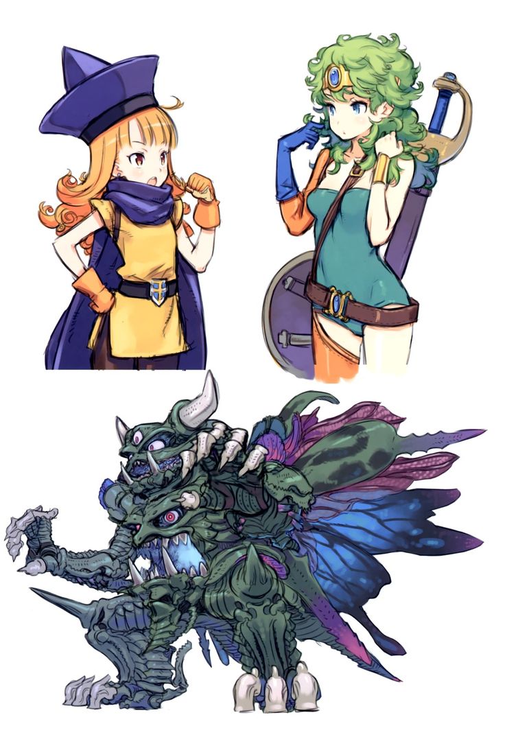2girls alena_(dq4) blue_eyes blush breasts cape curly_hair death_pisaro dragon_quest dragon_quest_iv earrings gloves green_hair hat heroine_(dq4) horns jewelry kuroboshi_kouhaku long_hair monster multiple_girls open_mouth orange_hair pantyhose red_eyes short_hair small_breasts