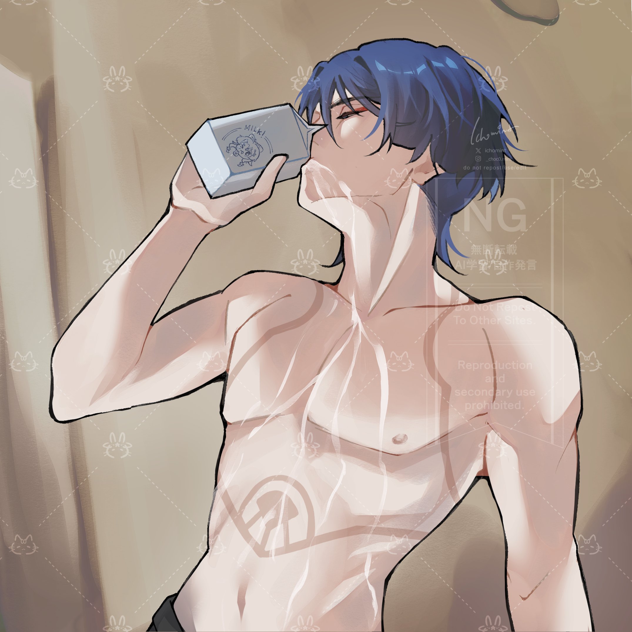1boy arm_at_side bare_arms bare_shoulders blunt_ends body_markings closed_eyes drinking english_text eyeliner eyeshadow facing_up genshin_impact hand_up highres ichomint indoors makeup male_focus milk milk_carton navel nipples pectorals purple_hair red_eyeliner red_eyeshadow scaramouche_(genshin_impact) solo spilled_milk toned toned_male topless_male upper_body watermark watermark_grid