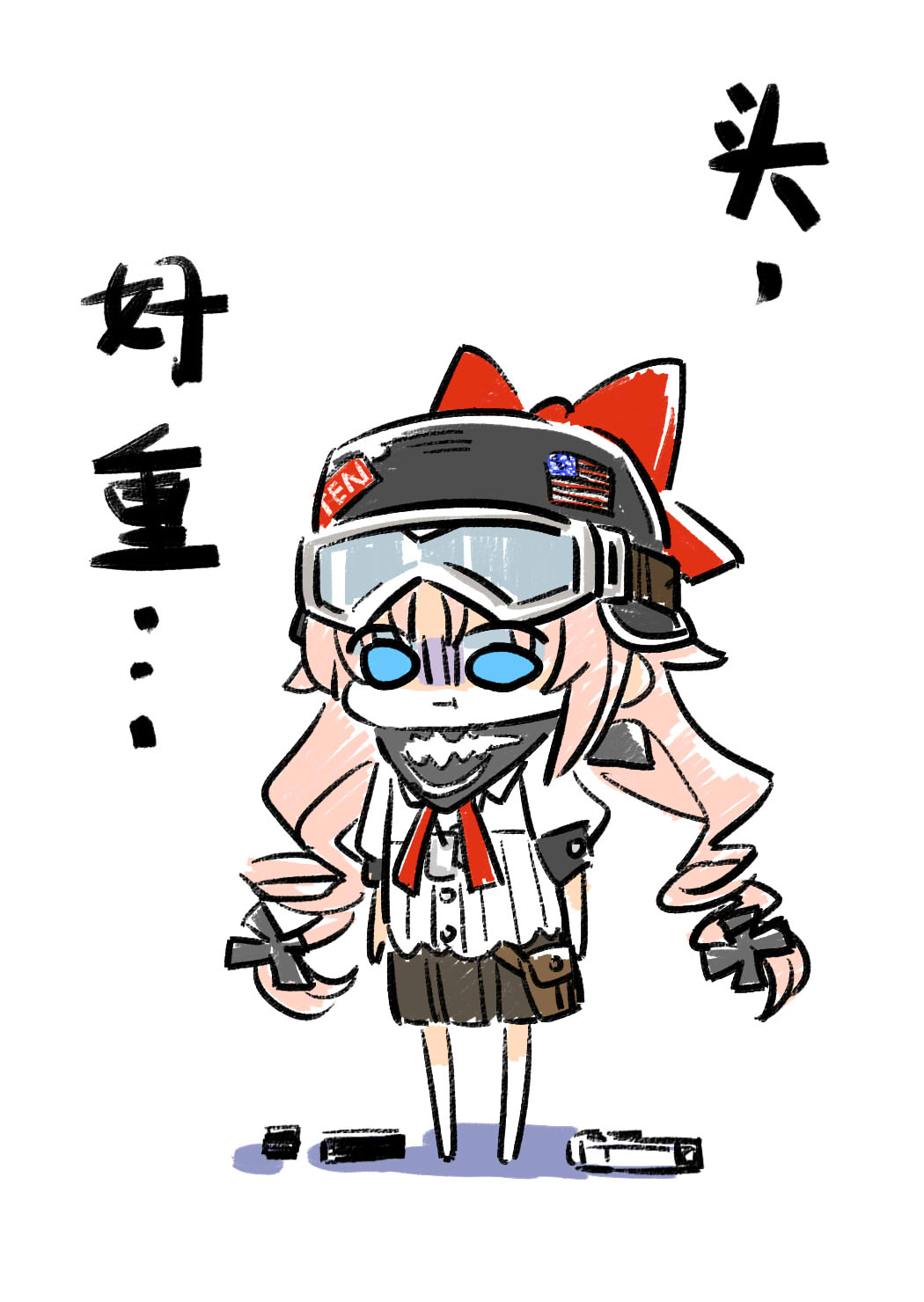 1girl :t american_flag bandana bandana_around_neck black_bandana black_hat black_skirt blue_eyes bow bren_ten bren_ten_(girls&#039;_frontline) brown_bag chibi chibi_only chinese_commentary chinese_text closed_mouth commentary_request full_body girls&#039;_frontline gloom_(expression) goggles goggles_on_headwear hair_ornament hat hat_bow helmet highres long_hair pink_hair pleated_skirt pouch pout red_bow shirt short_sleeves simple_background skirt solo standing sticker su_xiao_jei translation_request twintails weapon_on_floor white_background white_shirt x_hair_ornament