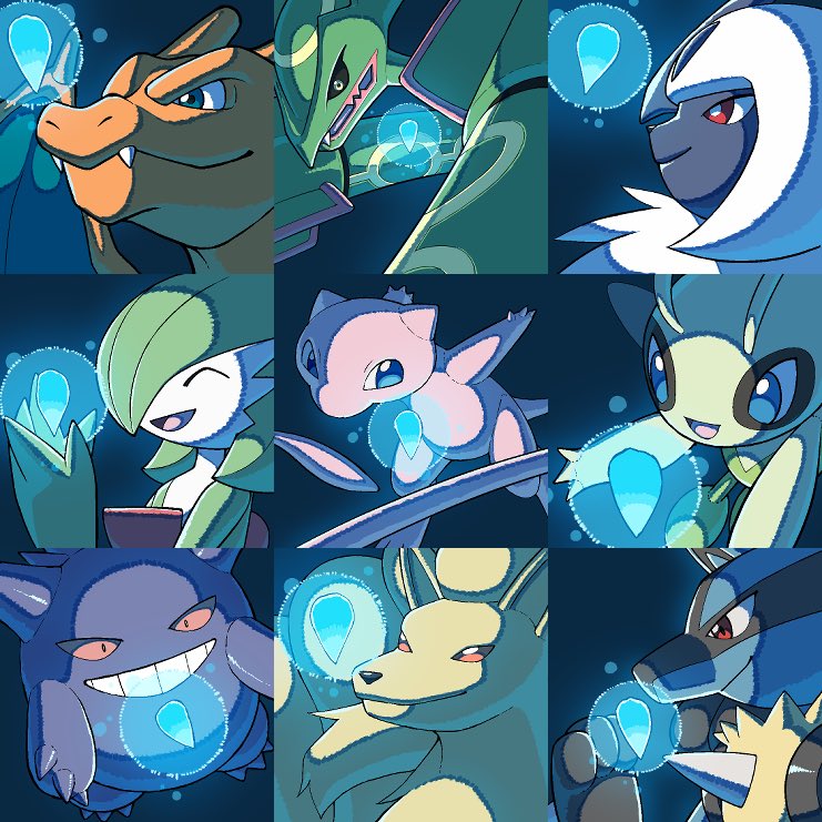 :d ^_^ absol black_sclera blue_eyes bright_pupils celebi charizard closed_eyes closed_mouth colored_sclera fangs fangs_out gardevoir gen_1_pokemon gen_2_pokemon gen_3_pokemon gen_4_pokemon gengar grin hand_up komepan legendary_pokemon lucario mew_(pokemon) mythical_pokemon ninetales nintendo open_mouth pokemon pokemon_(creature) pokemon_focus rayquaza red_eyes smile teeth tongue white_pupils yellow_eyes