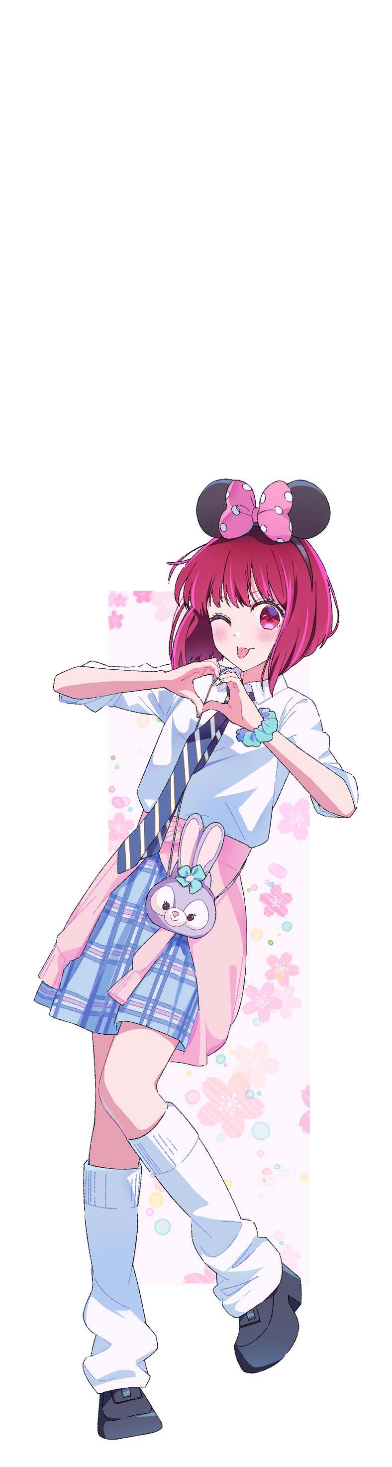 1girl :p absurdres animal_ears arima_kana bag black_necktie black_shoes blue_skirt blush bob_cut bow brown_hairband closed_mouth clothes_around_waist fake_animal_ears floral_background hair_bow hairband heart heart_hands high_heels highres inverted_bob looking_at_viewer medium_hair minnie_mouse_ears necktie one_eye_closed oshi_no_ko pink_bow red_eyes red_hair school_uniform shirt shoes short_hair shoulder_bag simple_background skirt smile solo striped_necktie thighhighs tongue tongue_out white_background white_shirt white_thighhighs yamabukiyuki