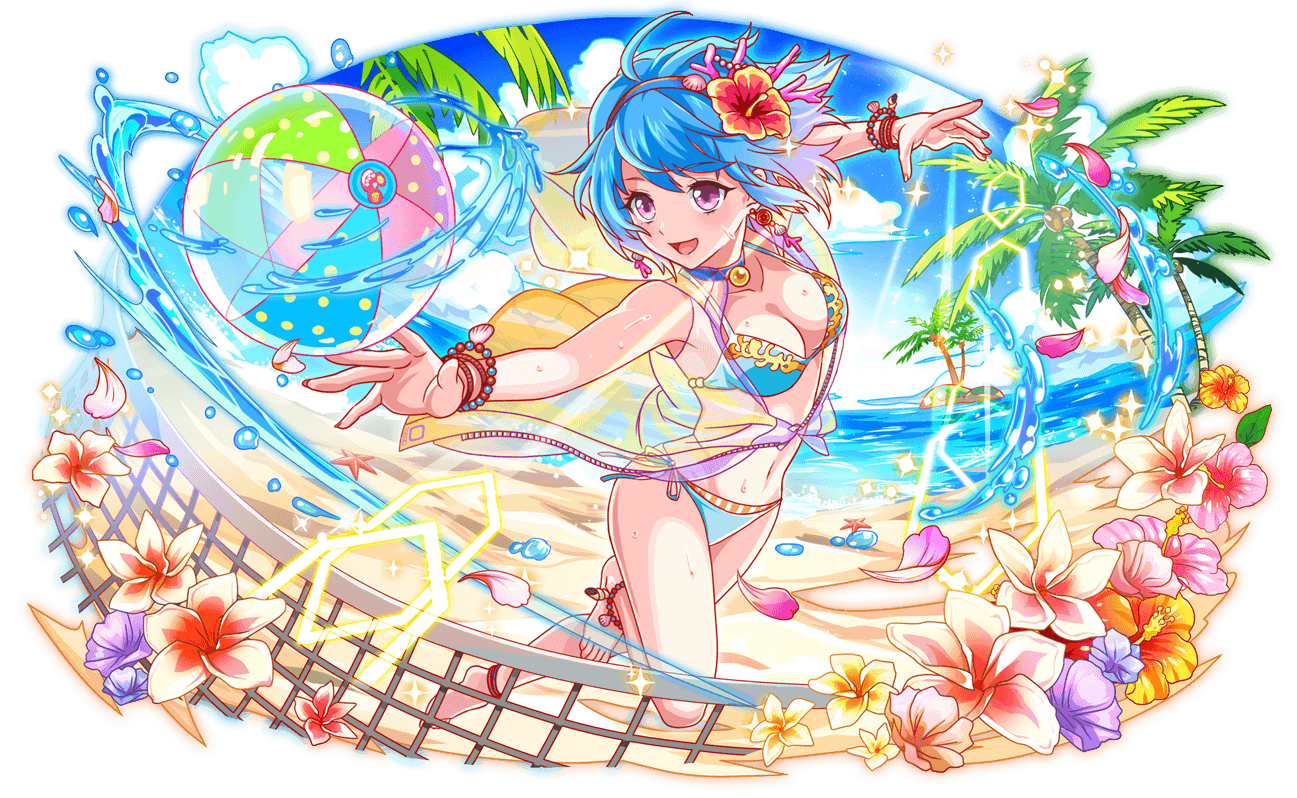 ahoge amulet anklet aqua_bikini aqua_hair artist_request ball bare_arms bare_legs bare_shoulders barefoot beach beachball beads bikini blue_choker blue_flower blue_hairband blue_outline blue_sky breasts cel_shading choker clam_shell_ornament cleavage cloud coat coral_earrings coral_hair_ornament crash_fever day fingernails flower full-length_zipper full_body game_cg hair_flower hair_ornament hairband hibiscus hood hooded_coat island jewelry leaf leg_up light_rays medium_breasts number_print numbered ocean official_art outdoors outline palm_leaf palm_tree pink_flower pink_petals playing_sports plumeria polka_dot purple_flower red_outline sand see-through_clothes see-through_coat see-through_hood sky sleeveless sleeveless_coat solo sparkle square square_print sunbeam sunlight swimsuit tachi-e third-party_source transparent_background tree two-tone_flower volleyball_net water_drop wristband yellow_flower zipper