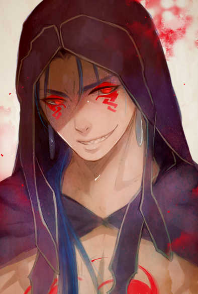 1boy blue_hair chest_tattoo close-up cu_chulainn_(fate) cu_chulainn_(fate/stay_night) cu_chulainn_alter_(fate) cu_chulainn_alter_(fate/grand_order) eyeshadow facepaint fate/grand_order fate_(series) grin hair_over_shoulder hood jun_(ash) long_hair looking_at_viewer makeup male_focus red_eyes red_eyeshadow sharp_teeth smile solo tattoo teeth