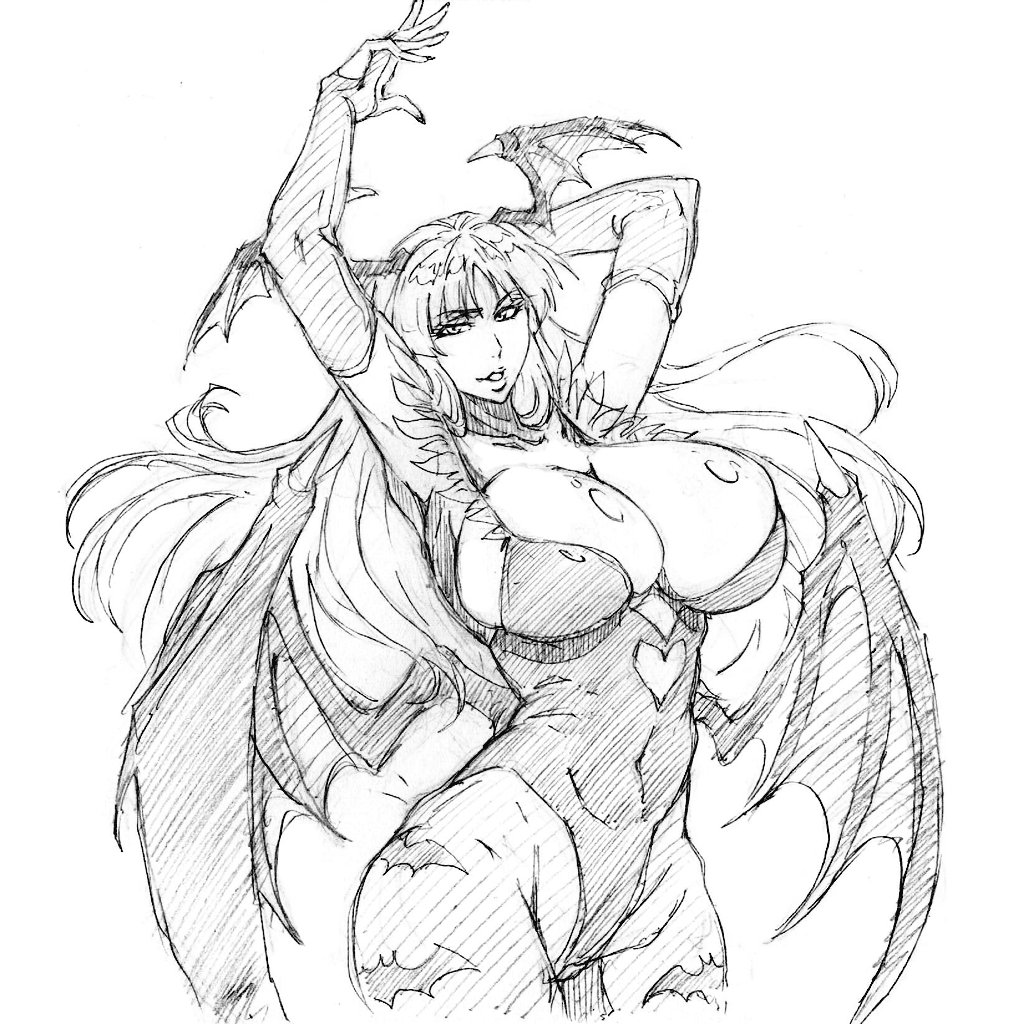 1girl animal_print armpits bat_print breasts bridal_gauntlets capcom cleavage clothing_cutout collarbone darkstalkers demon_girl head_wings heart_cutout kubo_tite_(style) large_breasts leotard long_hair looking_at_viewer morrigan_aensland pantyhose parted_lips rakusakugk solo wings