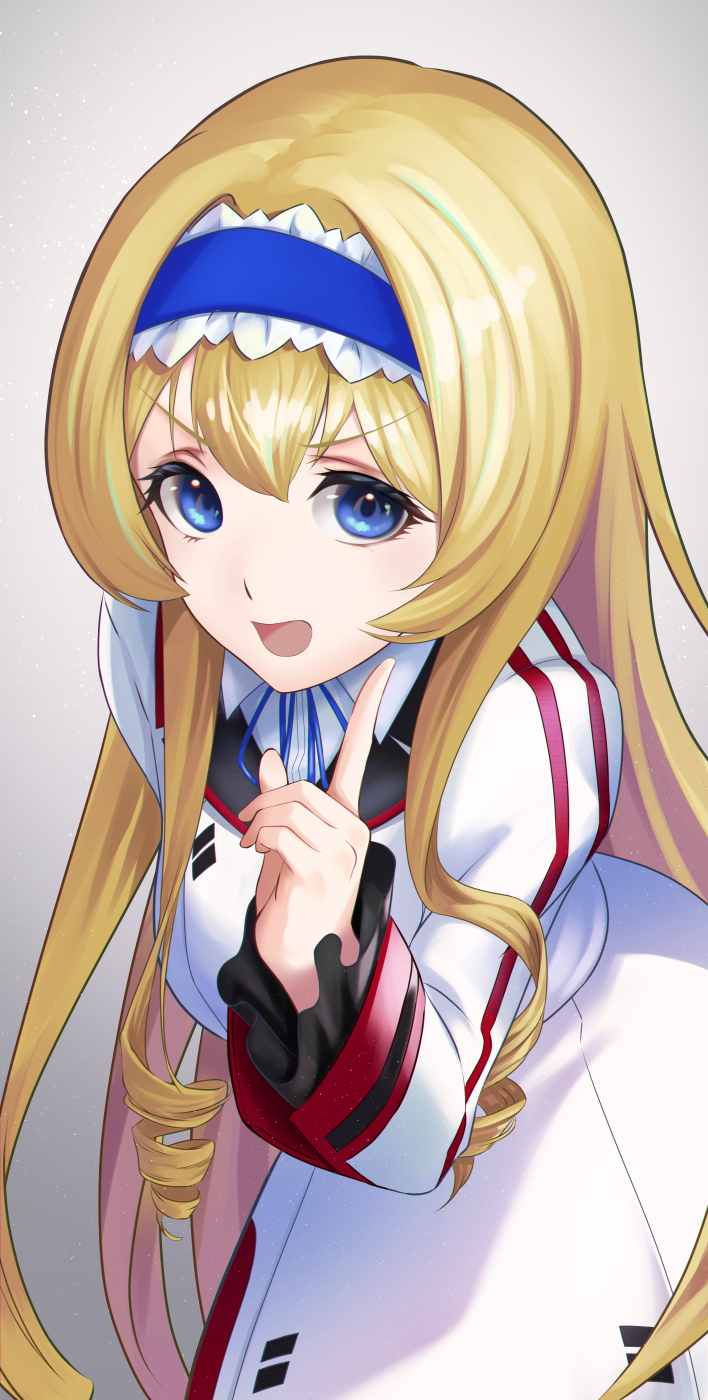 1girl blonde_hair blue_eyes breasts cecilia_alcott drill_hair hair_bun hairband highres index_finger_raised infinite_stratos large_breasts leaning_forward legs long_hair looking_at_viewer open_mouth school_uniform solo thighs tongue very_long_hair