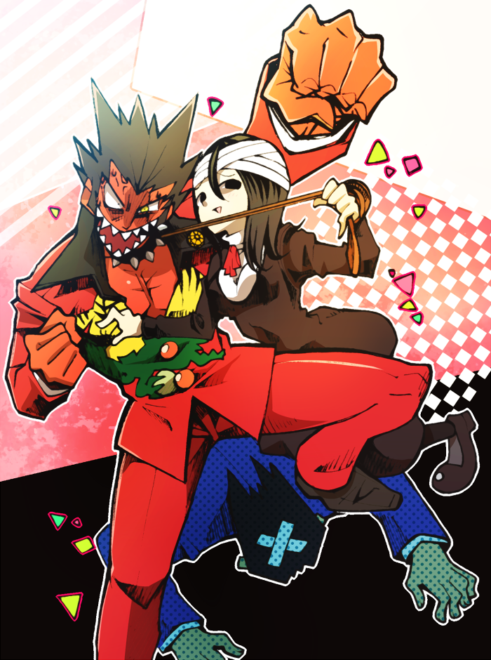 1girl 2boys ace_attorney bandaged_head bandages black_collar black_dress black_hair blue_jacket blush collar colored_skin dress formal_clothes furio_tigre holding holding_leash jacket leash long_hair long_sleeves looking_at_viewer lying male_focus minashirazu multiple_boys muscular muscular_male on_stomach open_mouth pants phoenix_wright phoenix_wright:_ace_attorney_-_trials_and_tribulations red_jacket red_pants red_skin sharp_teeth shoes short_hair smile spiked_hair stepped_on suit teeth viola_cadaverini