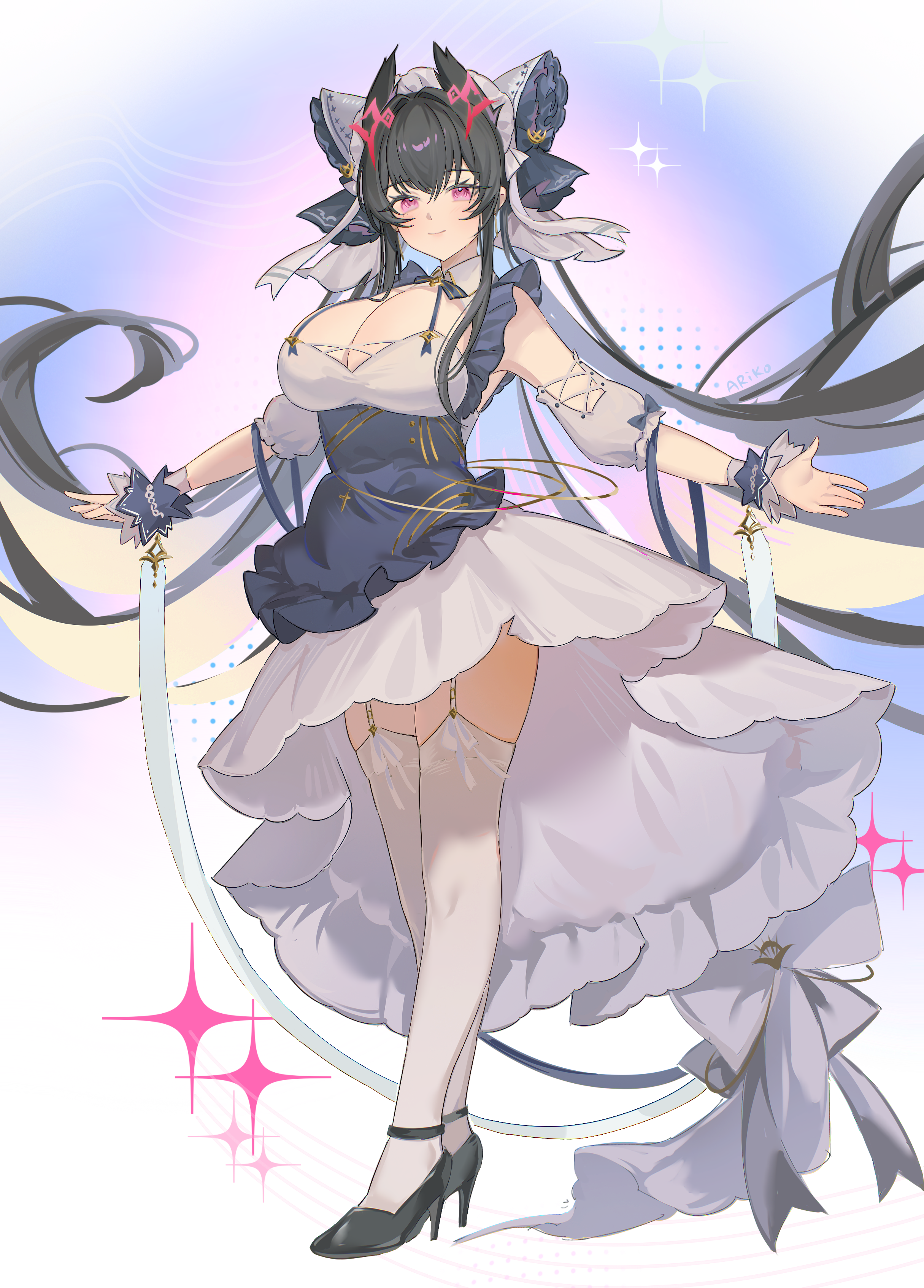 1girl absurdres apron ariko_(aaaaarik) azur_lane bare_shoulders black_apron black_hair blush breasts cheshire_(azur_lane) cheshire_(azur_lane)_(cosplay) cleavage closed_mouth colored_inner_hair commentary commission cosplay dress english_commentary frilled_apron frills full_body garter_straps gradient_background high_heels highres large_breasts long_hair looking_at_viewer maid_apron multicolored_hair outstretched_arms pink_eyes pixiv_commission revision smile solo spread_arms standing strasbourg_(azur_lane) thighhighs very_long_hair white_dress white_garter_straps white_thighhighs wrist_wrap