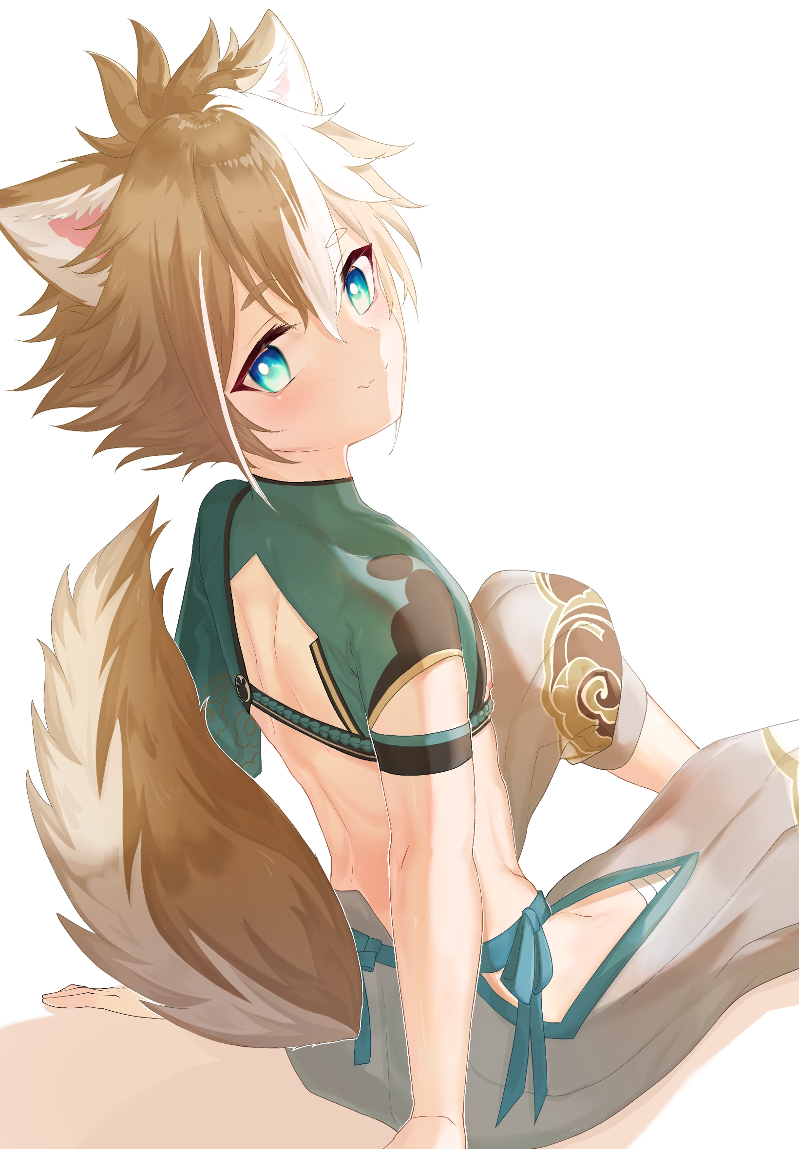 1boy animal_ears aqua_eyes back blush brown_hair brown_tail closed_mouth crop_top dog_boy dog_ears dog_tail genshin_impact gorou_(genshin_impact) grey_pants hair_between_eyes highres looking_at_viewer male_focus multicolored_hair multicolored_tail narshiyu pants short_hair smile solo streaked_hair tail white_background white_hair white_tail