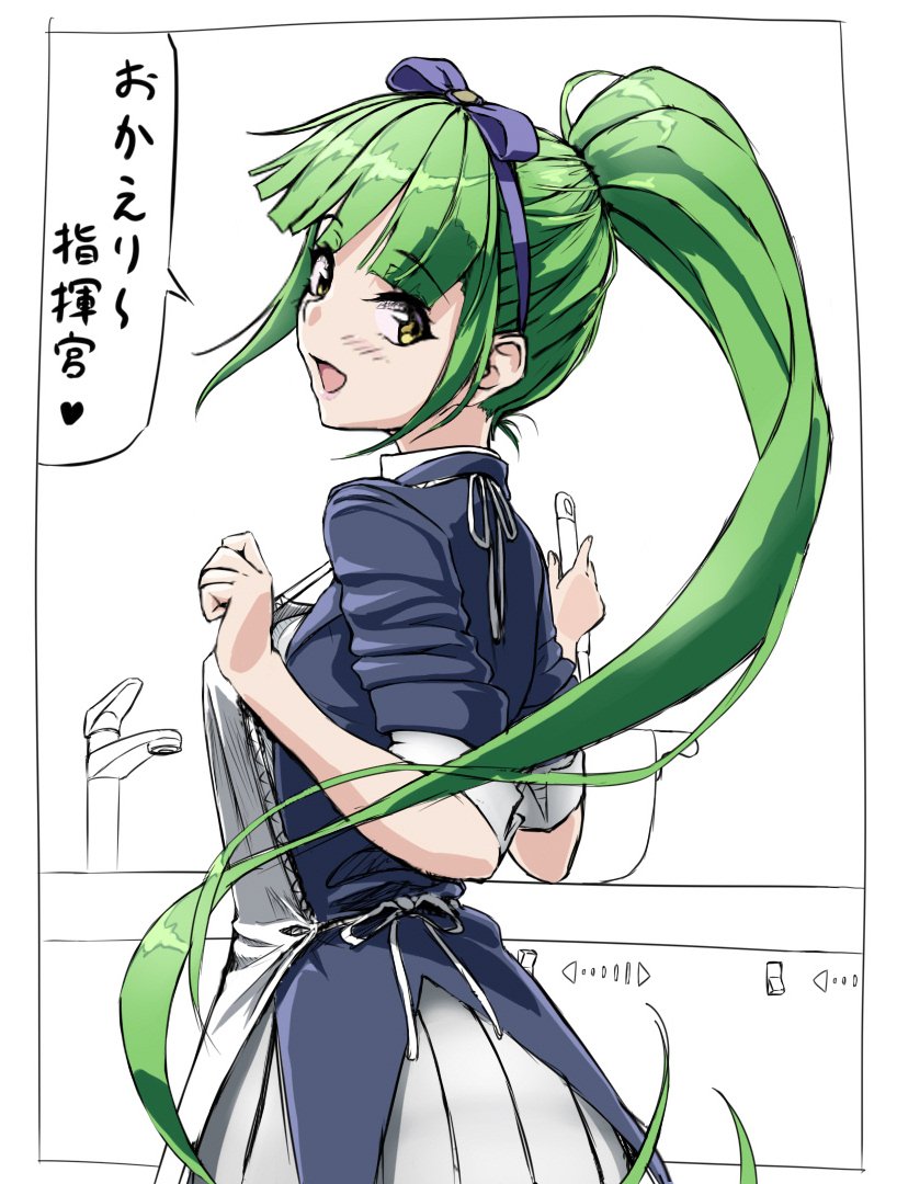 apron azur_lane blush bow clenched_hand cooking danbora green_hair hair_bow high_ponytail looking_at_viewer ponytail shropshire_(azur_lane) skirt sleeves_rolled_up solo white_skirt yellow_eyes