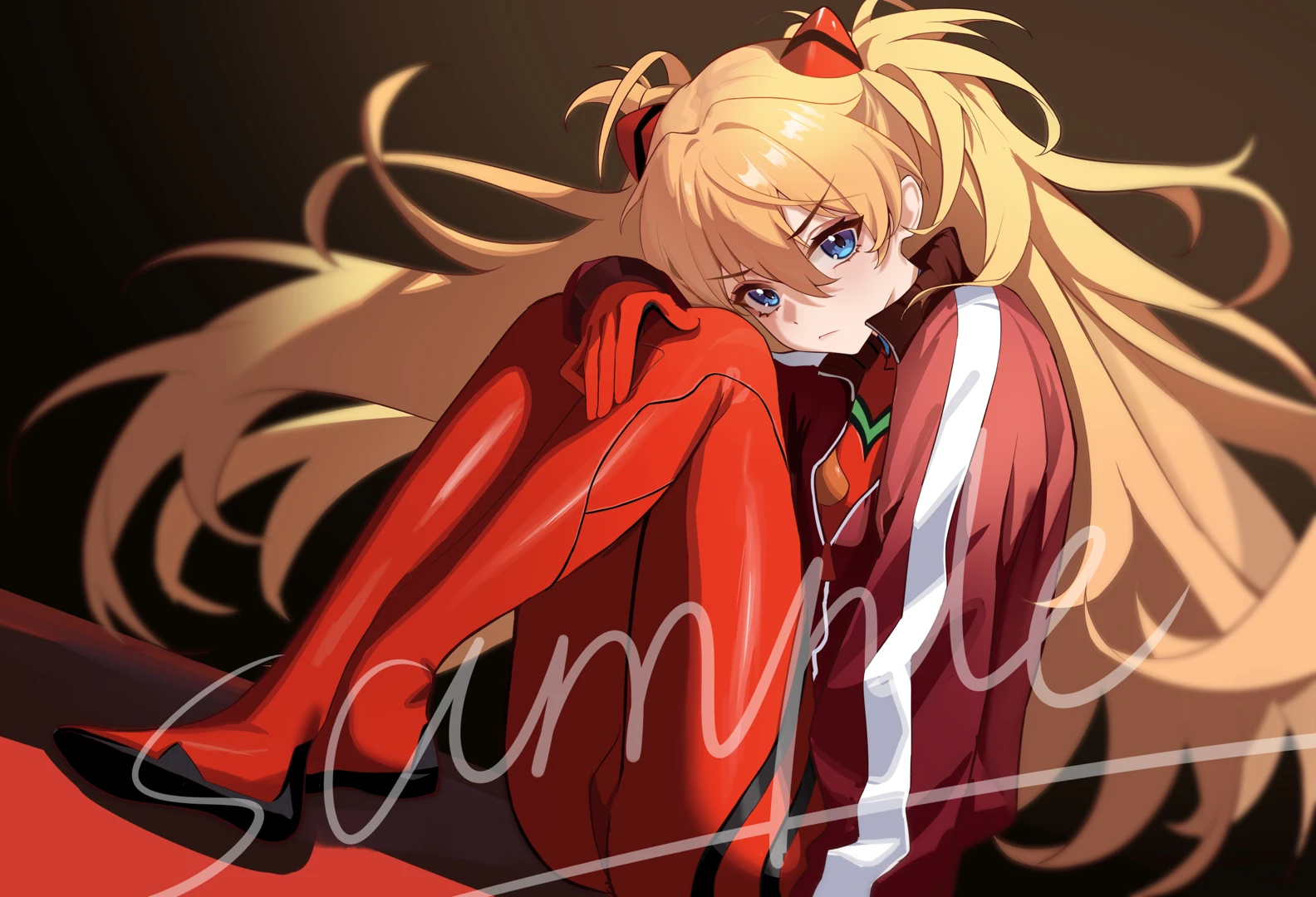 1girl alternate_hair_color amamiyayk blonde_hair blue_eyes blush bodysuit closed_mouth crossed_ankles hair_between_eyes jacket long_hair looking_at_viewer neon_genesis_evangelion red_bodysuit red_jacket sidelocks sitting solo souryuu_asuka_langley twintails