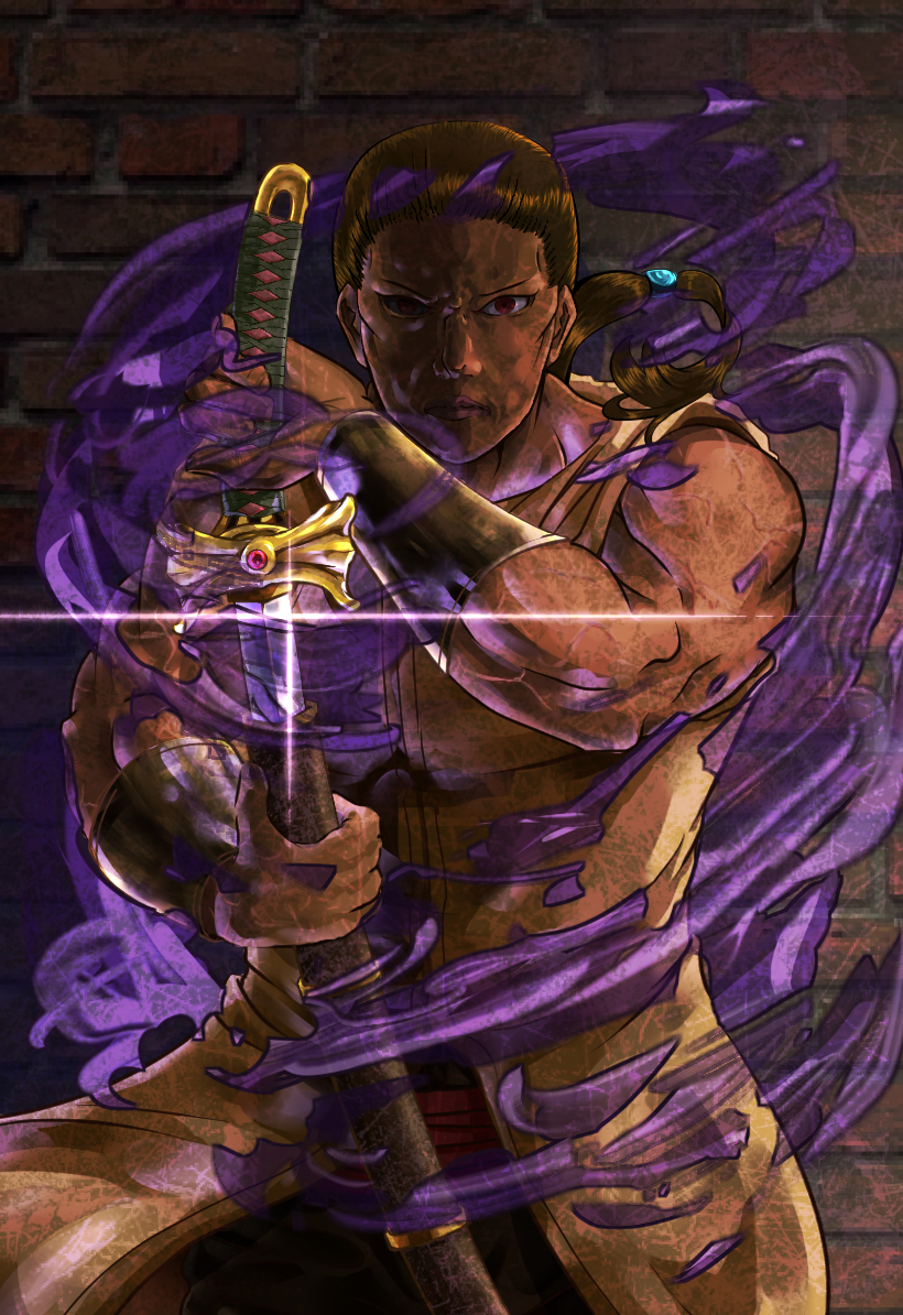 1boy anubis_(stand) bad_id bad_pixiv_id brown_hair chaka_(jojo) dark_skin dark-skinned_male gunjin_(aguran) jojo jojo_no_kimyou_na_bouken long_hair male_focus ponytail sheath solo sword unsheathing weapon