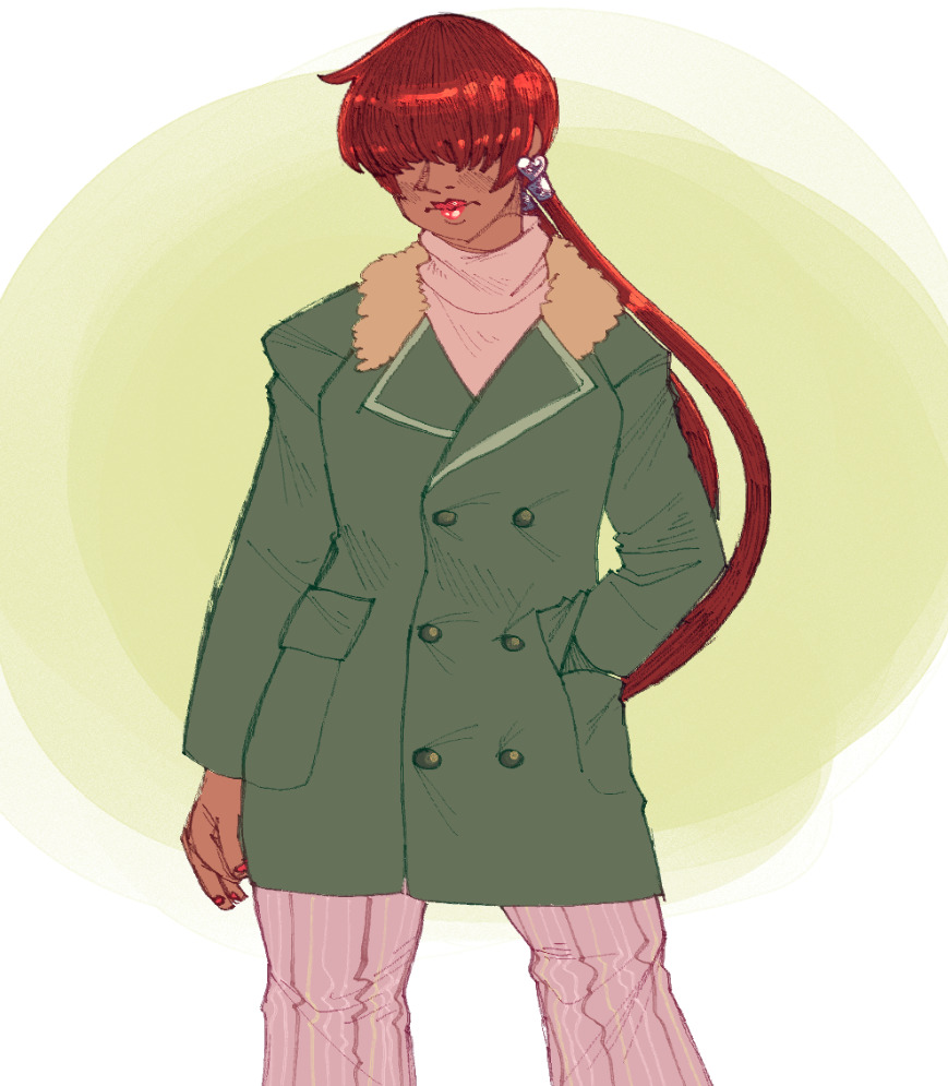 1girl 1shermieaday coat dark-skinned_female dark_skin earrings female_focus heart jewelry long_hair long_sleeves pants pocket ponytail red_hair shermie_(kof) standing tan the_king_of_fighters thick_lips turtleneck twintails