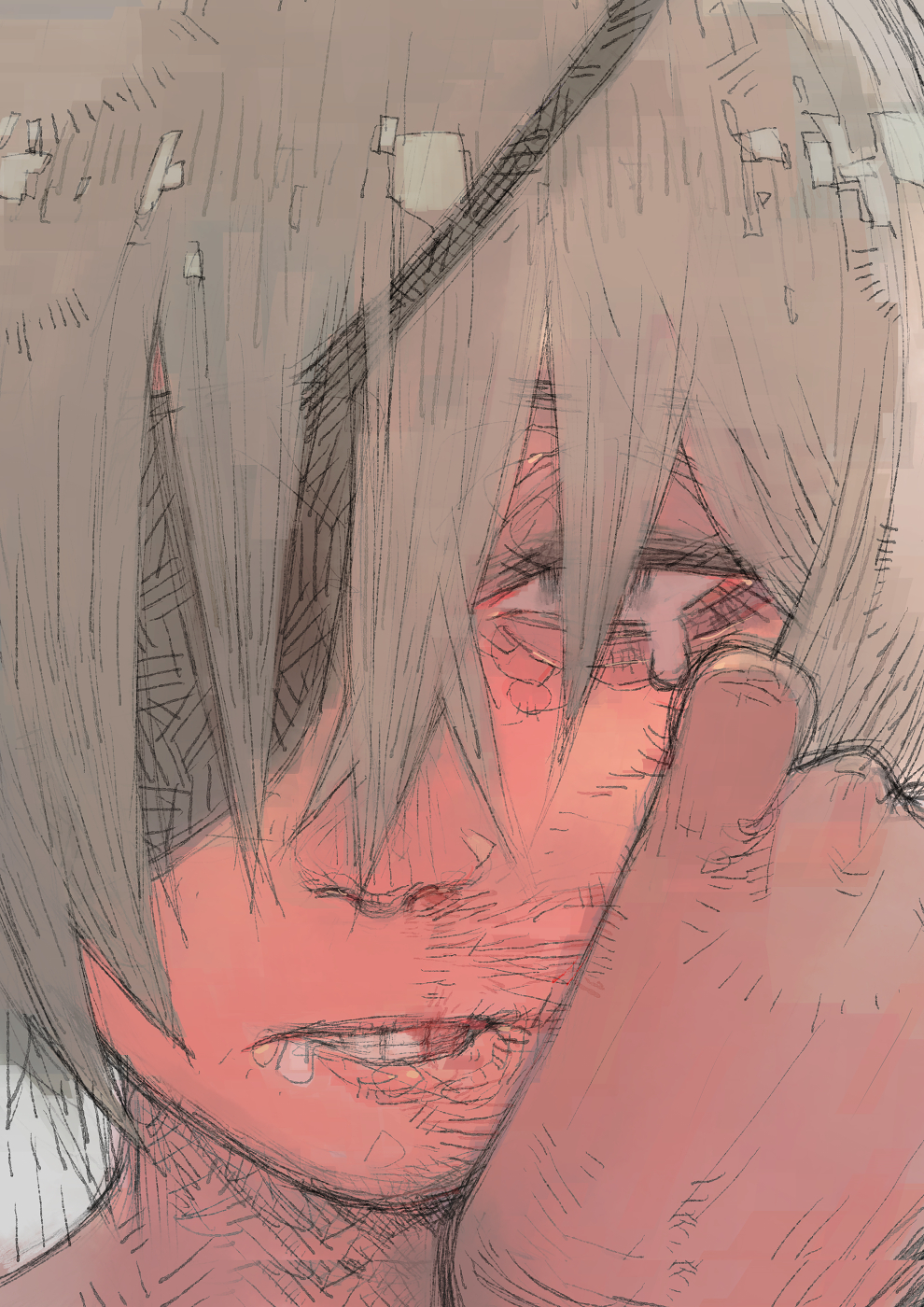 1girl chainsaw_man commentary crosshatching eyepatch hair_between_eyes hatching_(texture) highres long_hair quanxi_(chainsaw_man) saliva single_tear solo teeth umezawa_michiko